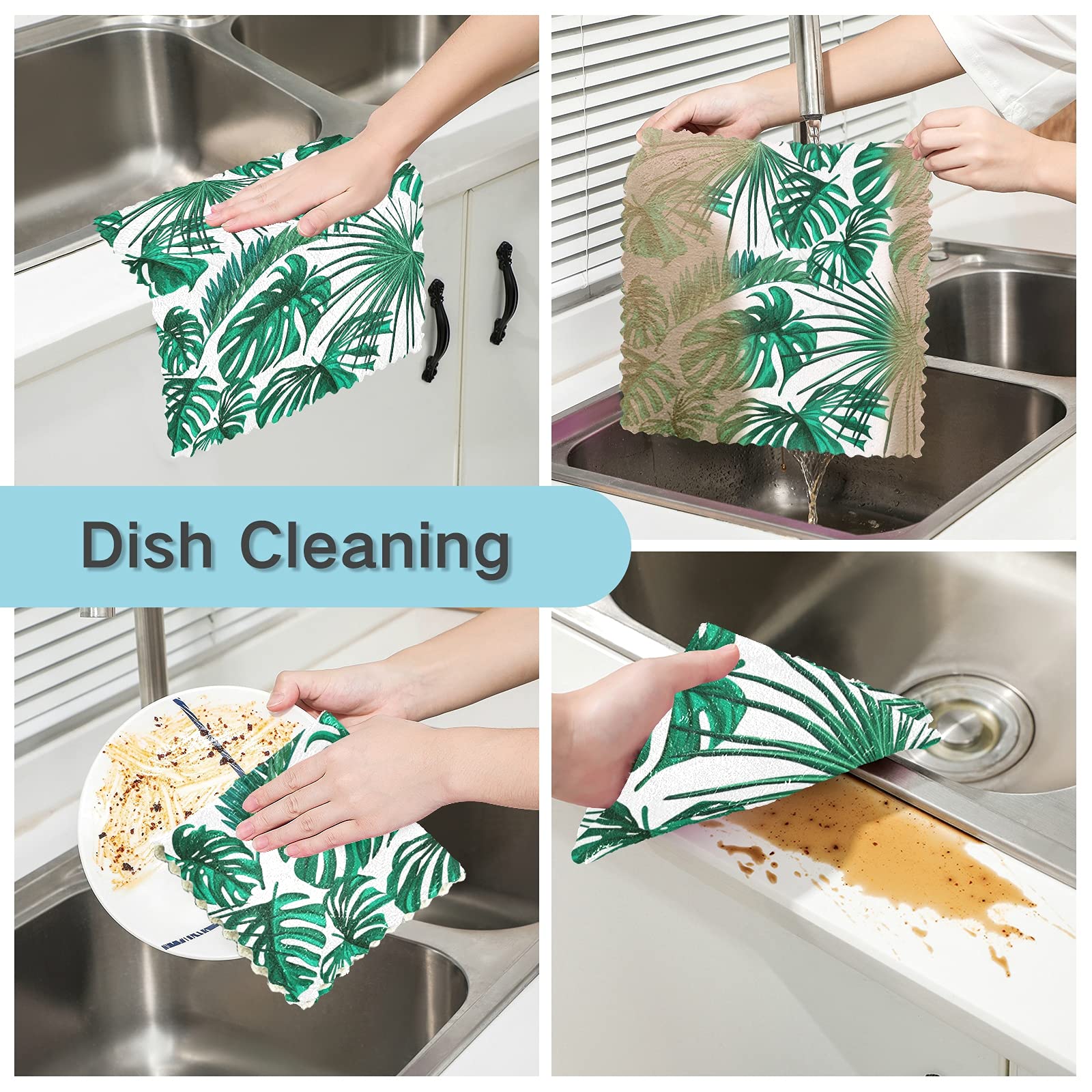 SUABO 6 Pack Monstera Palm Leaf Kitchen Towels - Reusable Dish Cloths, Absorbent Cleaning Rags for Dishes, Countertops & Household Chores - Eco-Friendly Kitchen Essentials for Cooking, Drying & Decor