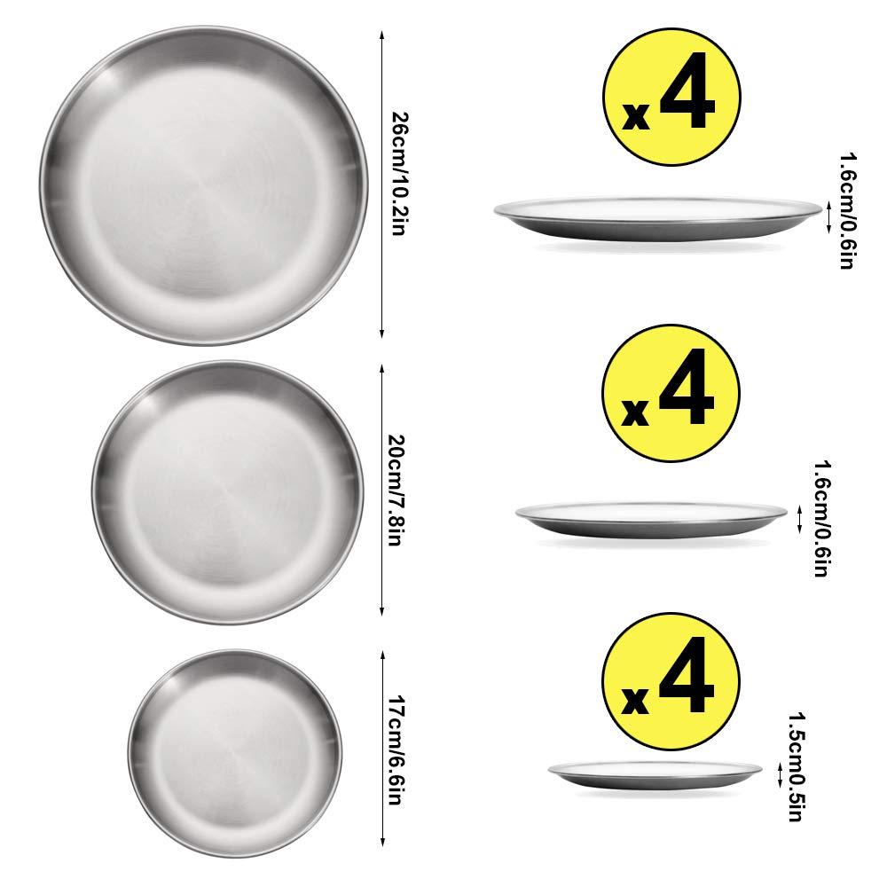 12 Pack Stainless Steel Plates - Reusable Brushed Metal Dinner Plates for Picnic, BBQ, Steak & Outdoor Dining - Durable Silver Dishes for Camping, Parties & Restaurant Use
