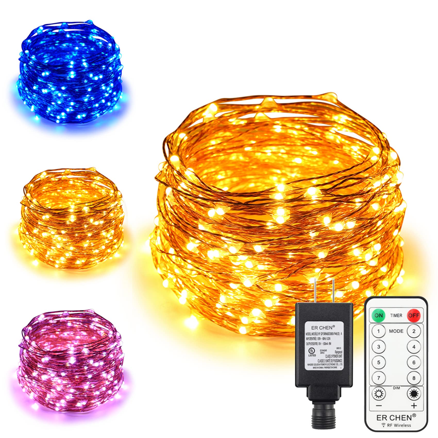 Dual-Color LED String Lights 100FT 300 LEDs - Plug in Copper Wire Fairy Lights with Remote & Timer, 8 Modes Dimmable for Indoor Outdoor Christmas Decor, Party, Wedding, Garden (Blue/Warm White)