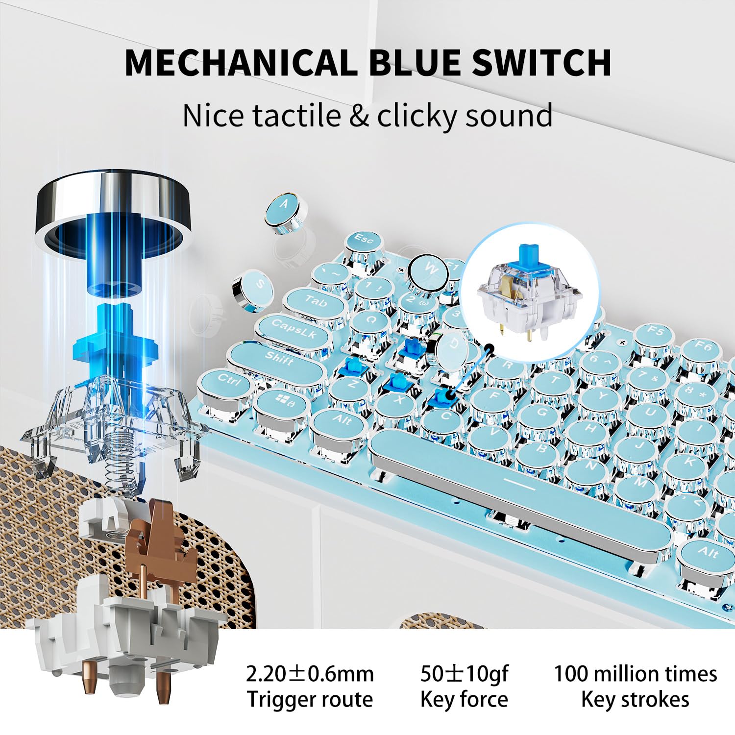 EWEADN TK950 Wireless Mechanical Keyboard - 104 Key Aesthetic Typewriter Style with White Backlight, Anti-Ghosting, Blue Switch (Bluetooth/2.4GHz/USB-C) - Perfect for Typing, Gaming & Office Work - Blue