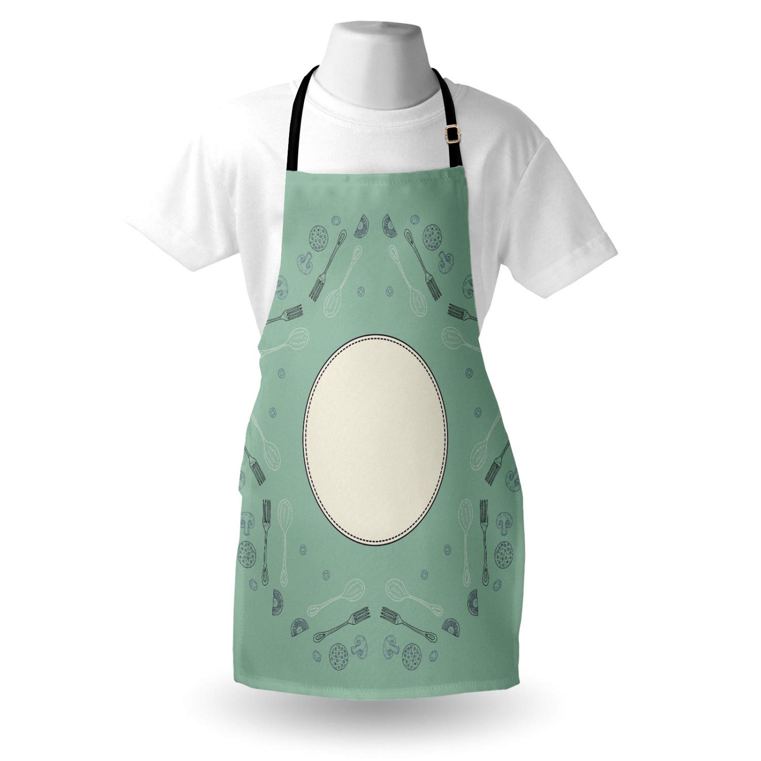 Ambesonne Personalized Chef Apron for Cooking - Pizza Ingredients & Kitchen Utensils Design in Almond Green - Adjustable Neck Bib for Adults - Perfect for Home Cooking, BBQ, Baking & Culinary Gifts