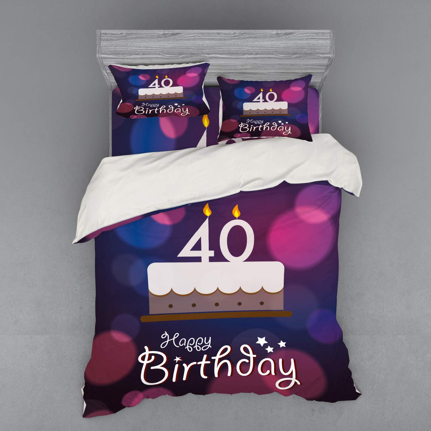 Ambesonne 40th Birthday Duvet Cover Set - Colorful Dots & Cake Design with Candles, Stars - 4-Piece Queen Size Bedding Set (Shams + Fitted Sheet) in Purple, Pink & White - Perfect for Adult Birthday Parties & Surprise Decorations