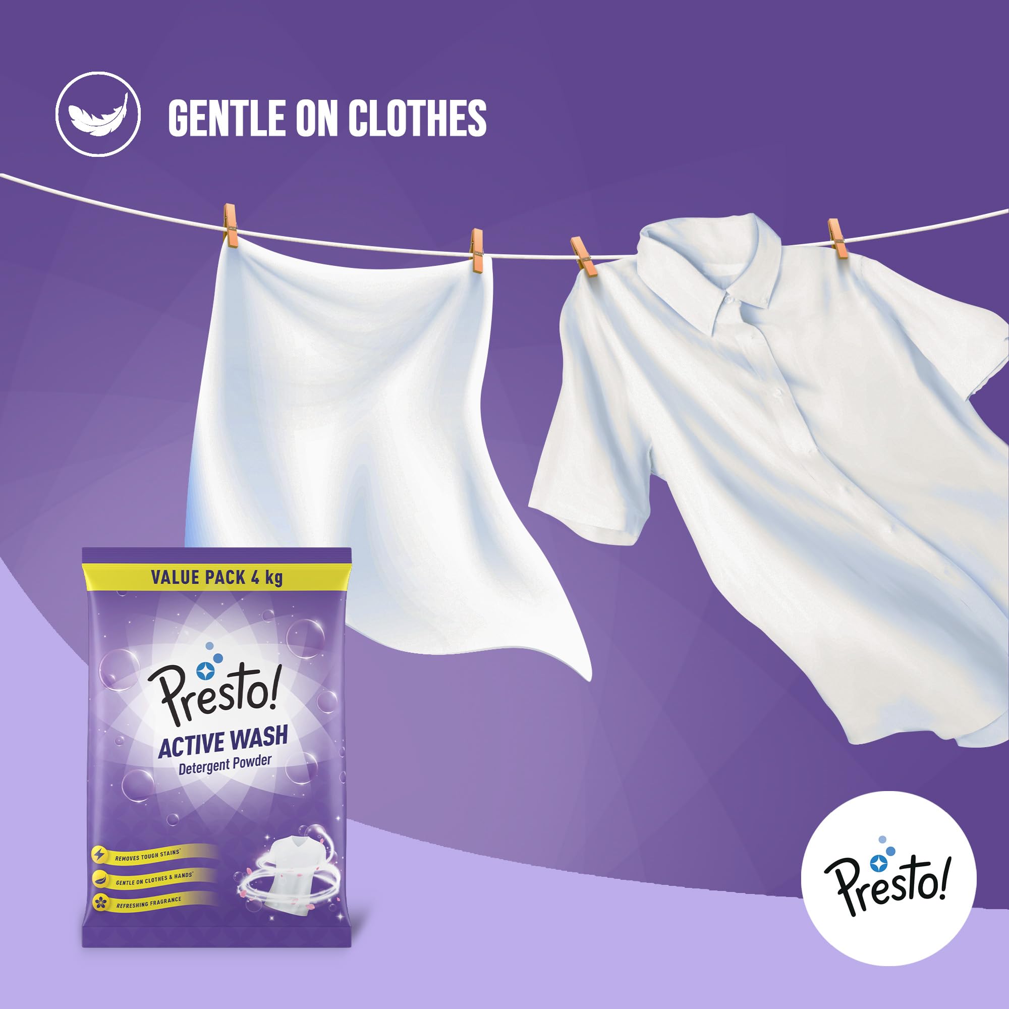 Presto! Active Wash Laundry Detergent Powder 4kg - Tough Stain Remover, Gentle on Fabrics, Color-Safe with Refreshing Fragrance - For Machine & Hand Washing - Perfect for Activewear, Baby Clothes & Everyday Laundry