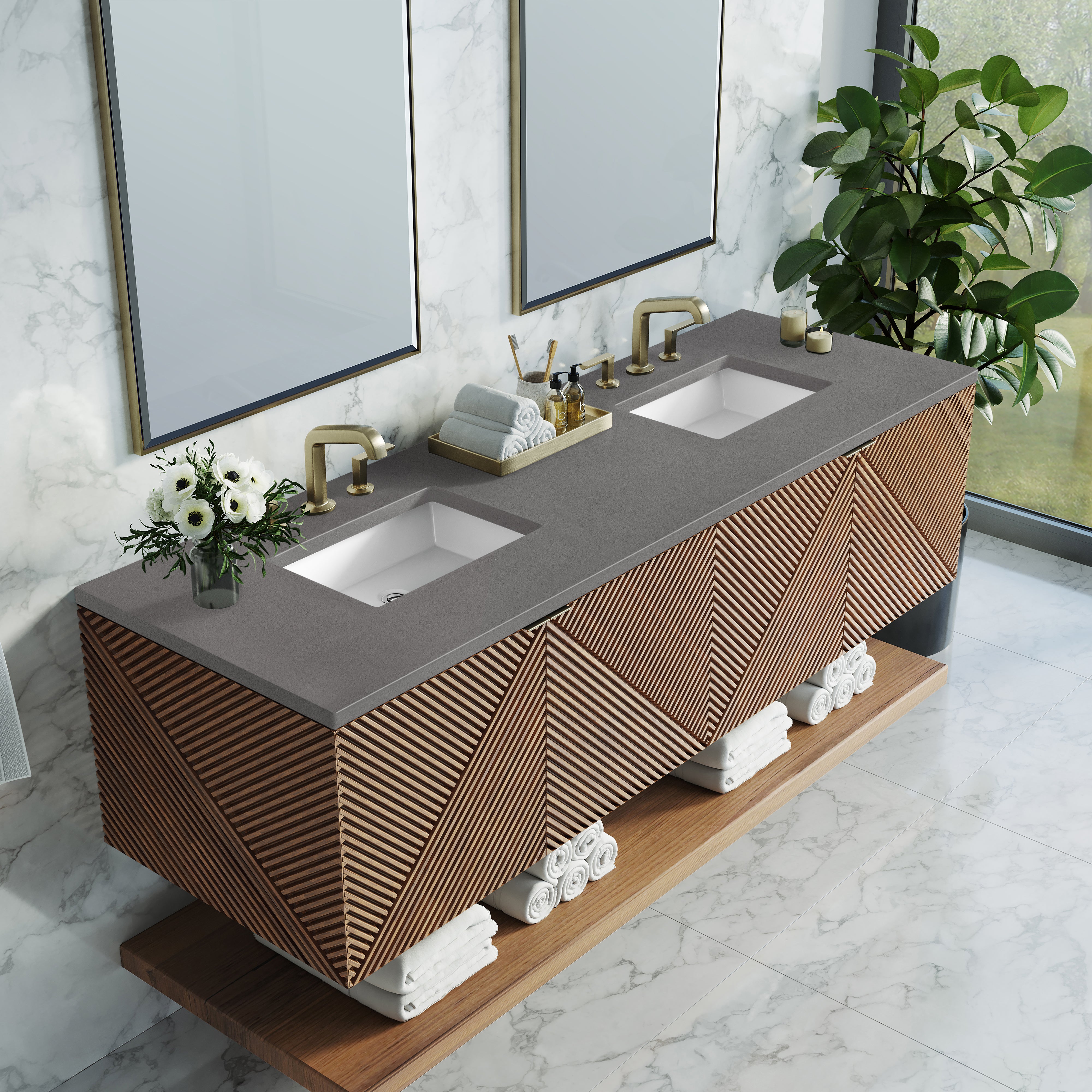 Marcello 72 Inch Double Bathroom Vanity with Sink - Chestnut Finish & 3CM Grey Expo Top for Modern Master Bathroom or Guest Bath Remodel