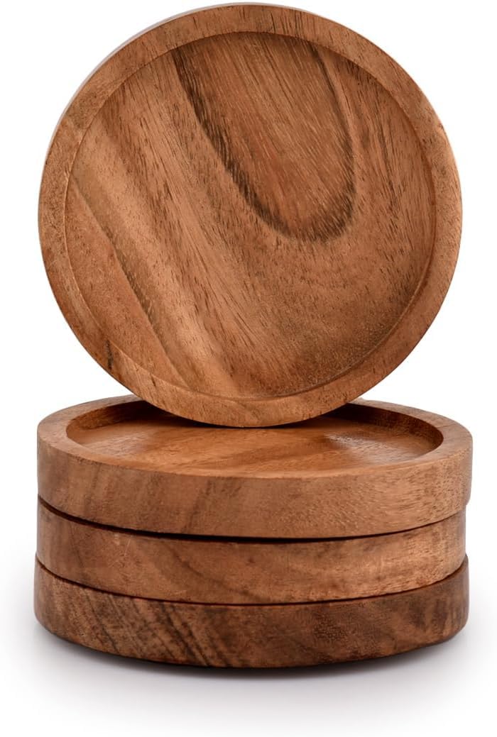 SHAHAZ CRAFTS Natural Acacia Wood Drink Coasters Set of 4 - Reusable Wooden Coasters for Glasses, Cups & Mugs - Perfect for Coffee Tables, Dining Tables, Bars & Home Decor