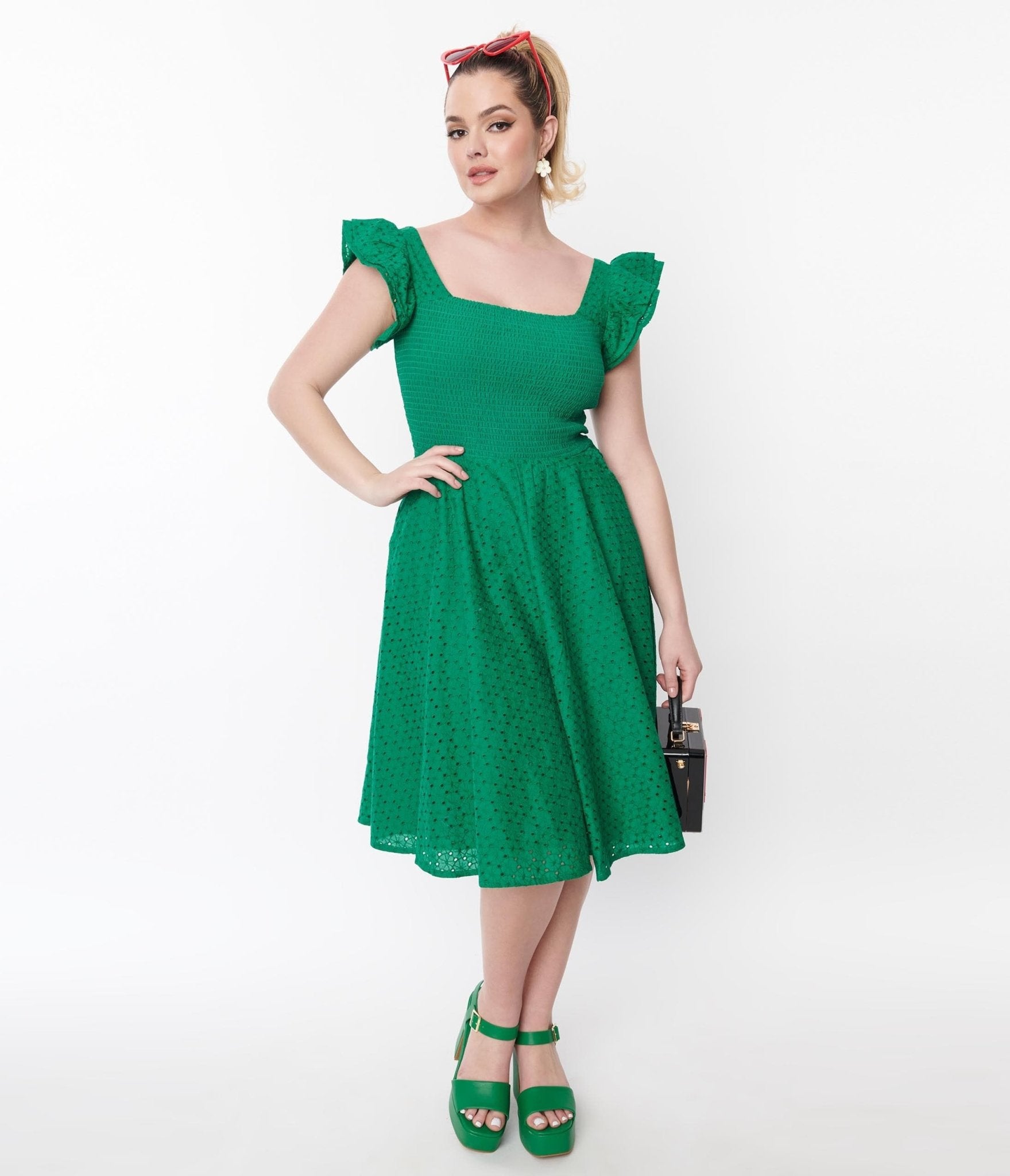 Green Eyelet Ruffle Sleeve Swing Dress - Flowy Summer Dress for Women | Perfect for Beach Vacations, Garden Parties & Date Nights