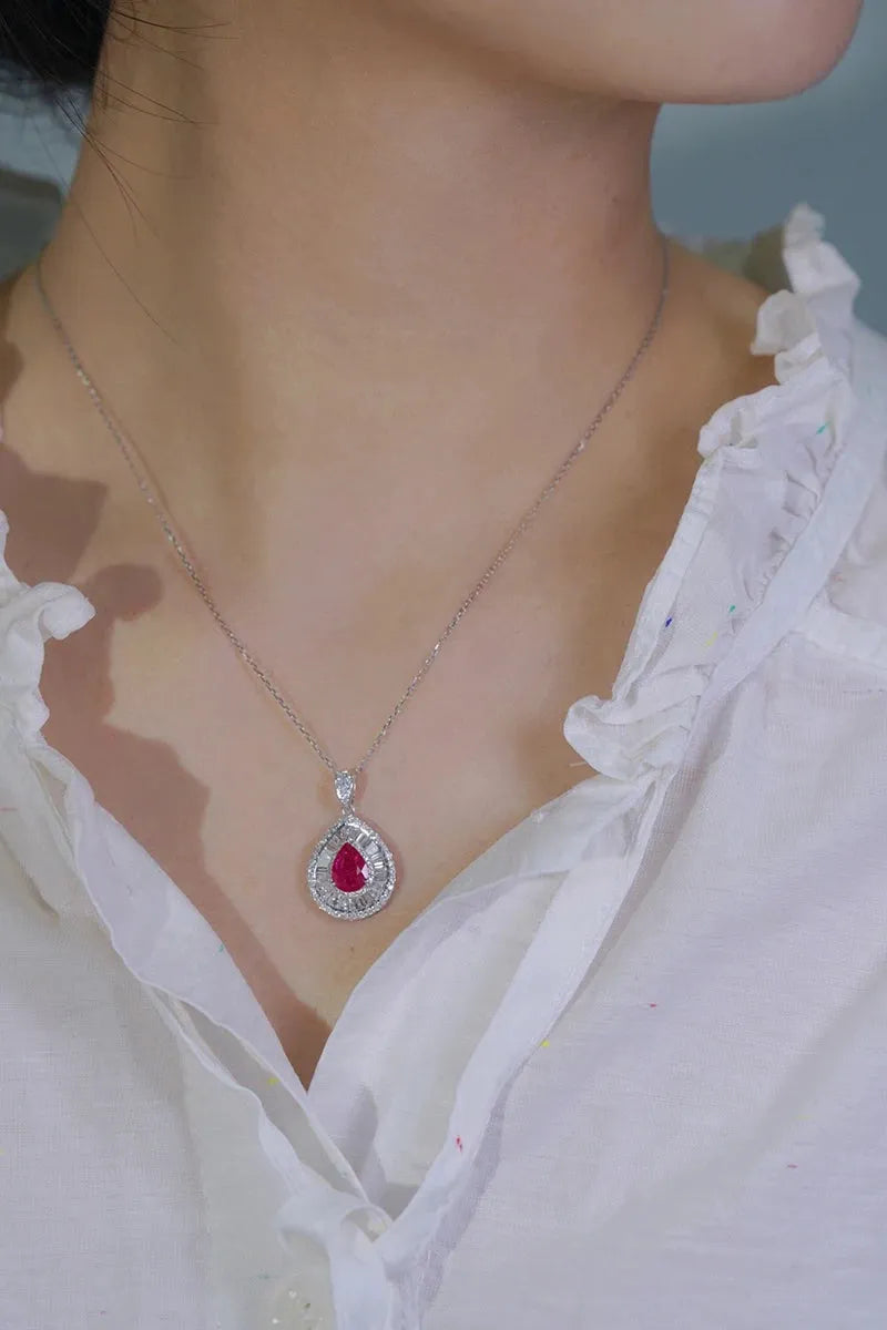 18K White Gold Diamond & Natural Ruby Pendant Necklace for Women - Classic Water Drop Design Luxury Wedding Jewelry - Perfect for Bridal, Anniversary Gifts & Special Occasions