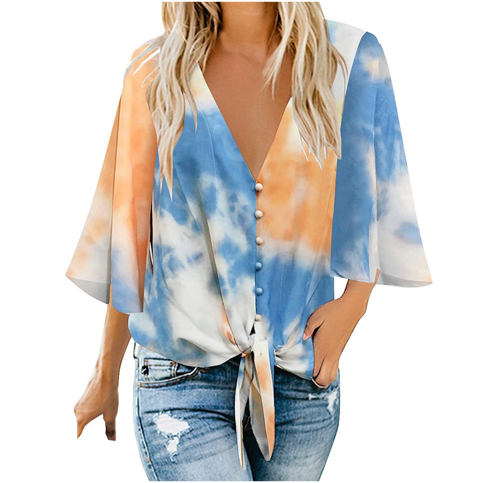Women's Casual V-Neck Bell Sleeve Henley Shirts - Trendy 3/4 Sleeve Loose Tunic Tops for Summer, Beach & Going Out | Sexy Hawaiian Style Blouse for Date Night & Vacation