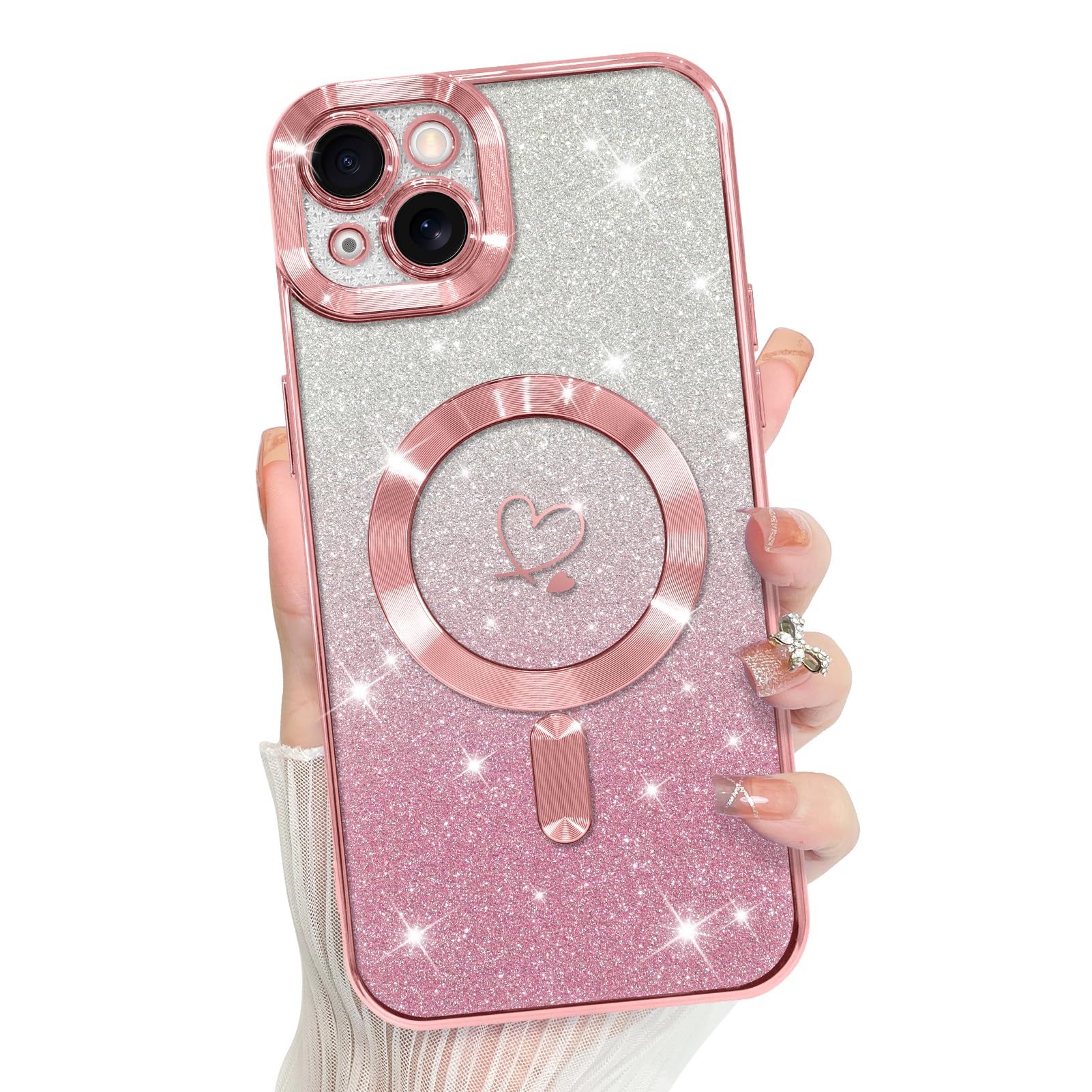 **Bonoma Magnetic Case for iPhone 15 Plus 6.7 Inch - Magsafe Compatible, Glitter Heart Design, TPU Back Cover with 2x Screen Protectors - Pink | Perfect for Everyday Use & Camera Protection**