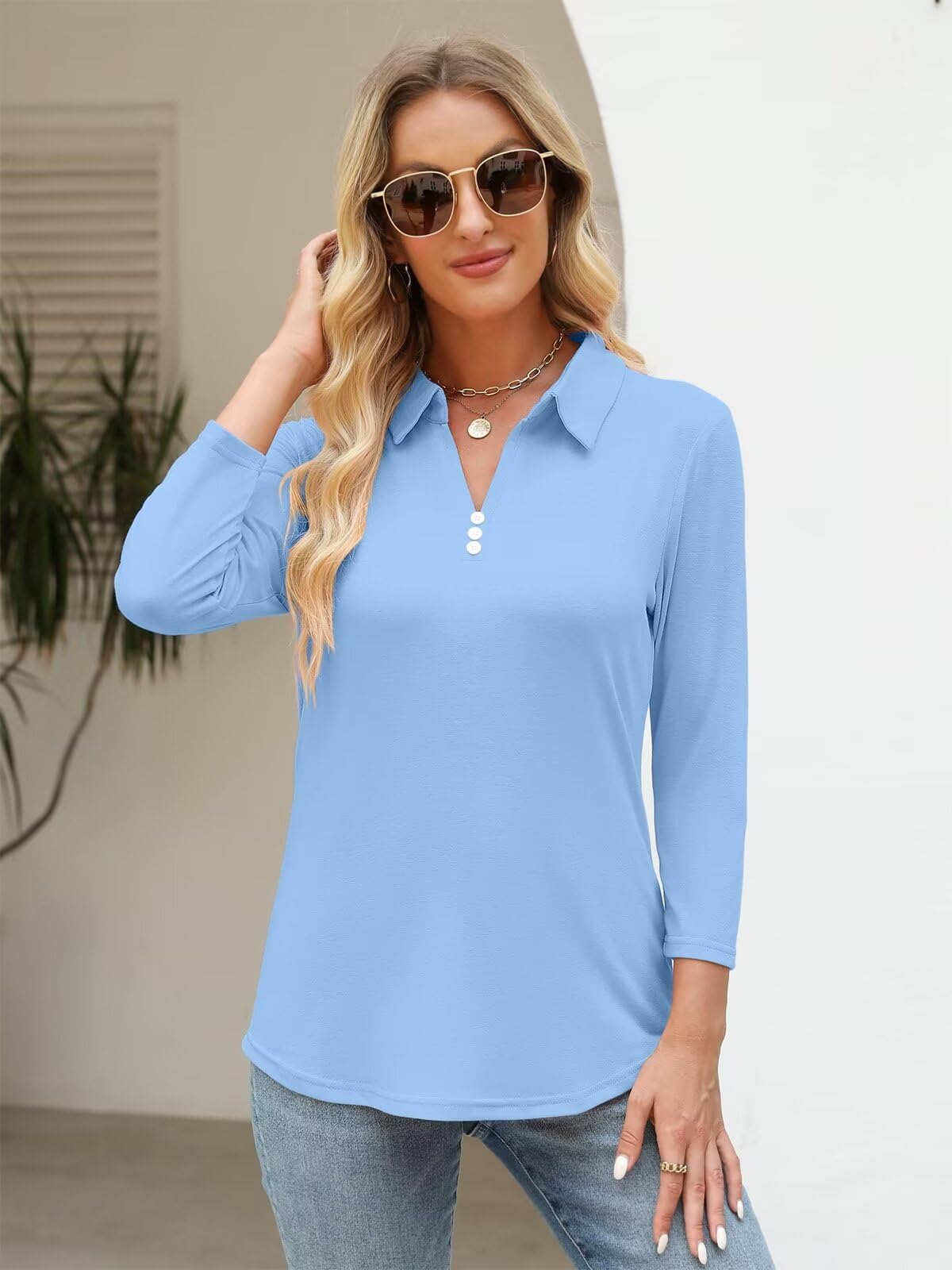 ORANDESIGNE Women's 3/4 Sleeve V-Neck Polo Button-Down Shirts - Casual Summer Basic Tees for Work, Golf & Everyday Outfits