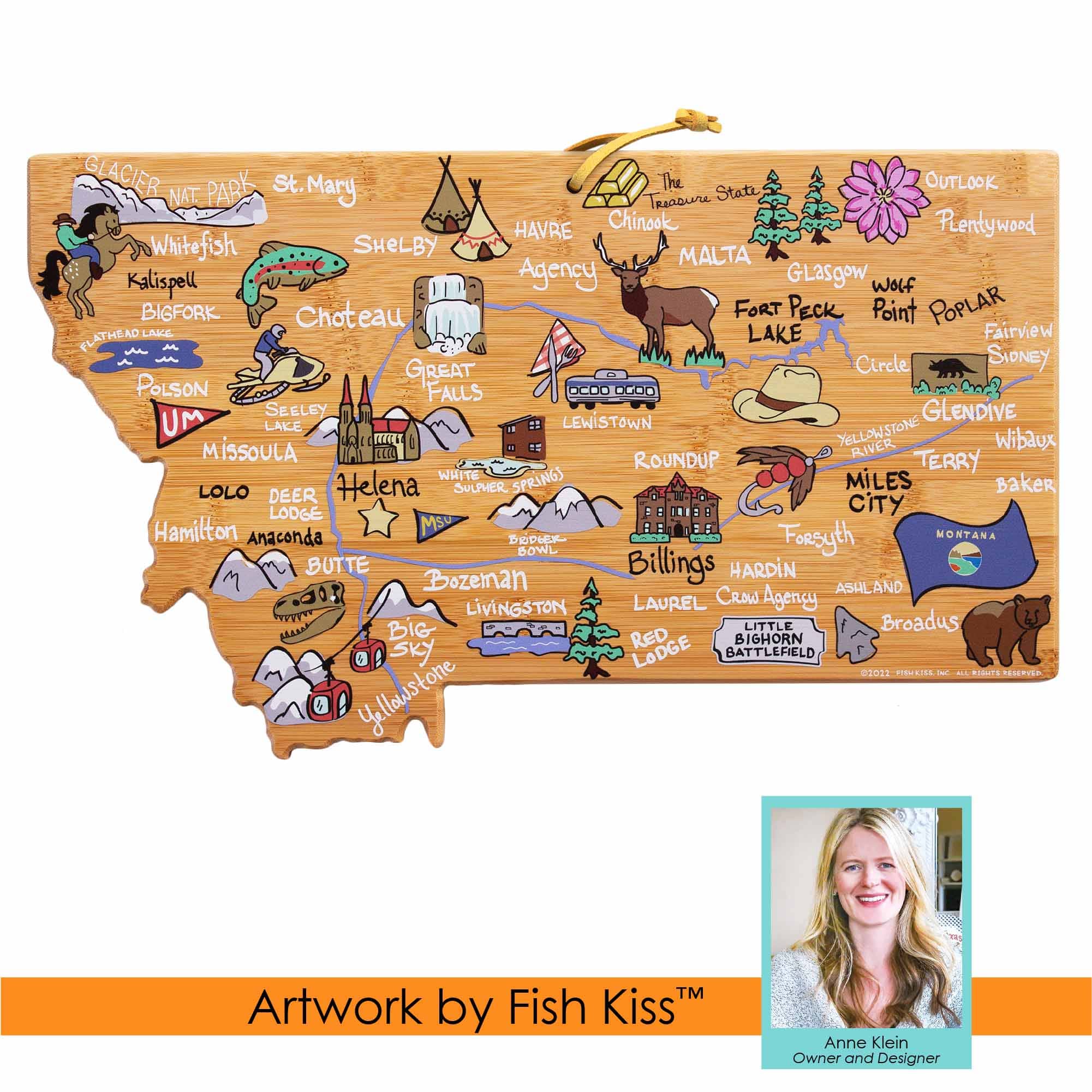Premium Montana Wood Cutting Board with Fish Kiss™ Artwork - Durable Kitchen Essential for Chopping, Serving & Decor