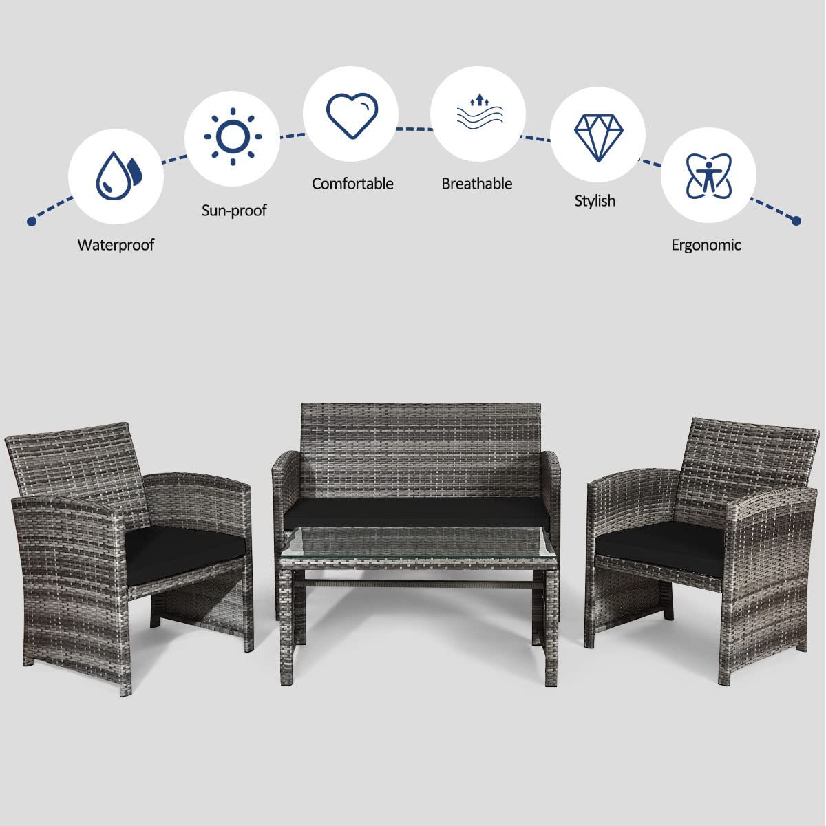 Tangkula 4-Piece Wicker Patio Conversation Set - Outdoor Rattan Sofa Set with Coffee Table, Cushioned Seating & Tempered Glass Top - Perfect for Poolside, Balcony, Garden or Backyard Relaxation