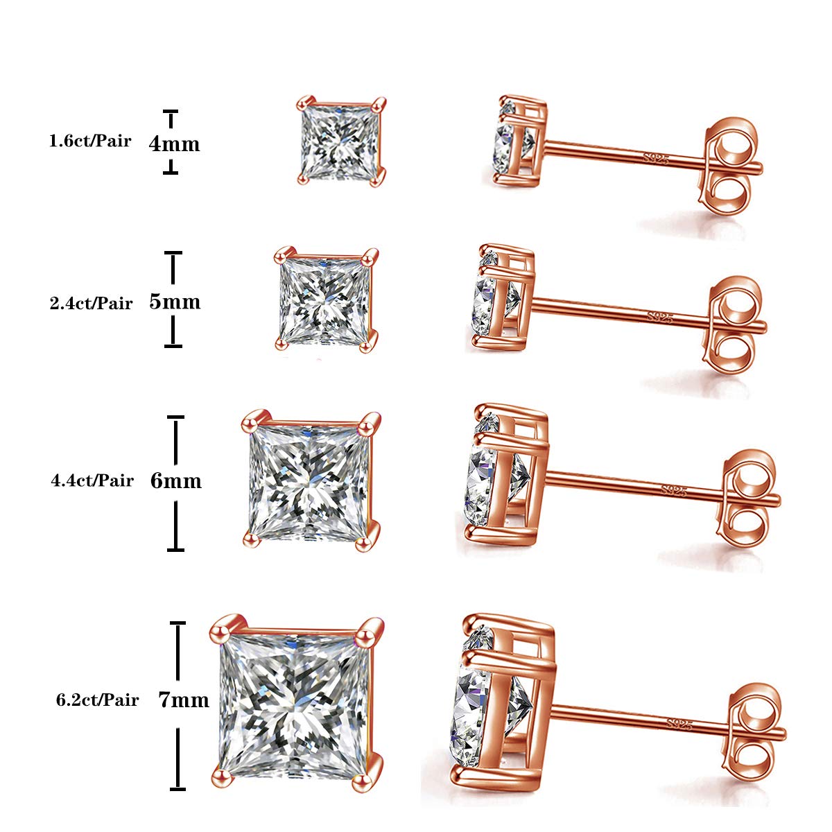 925 Sterling Silver Stud Earrings - 4 Prong Princess Cut Square Cubic Zirconia Earrings for Women & Men (CZ 4mm-7mm) | Perfect for Everyday Wear, Parties & Gifts