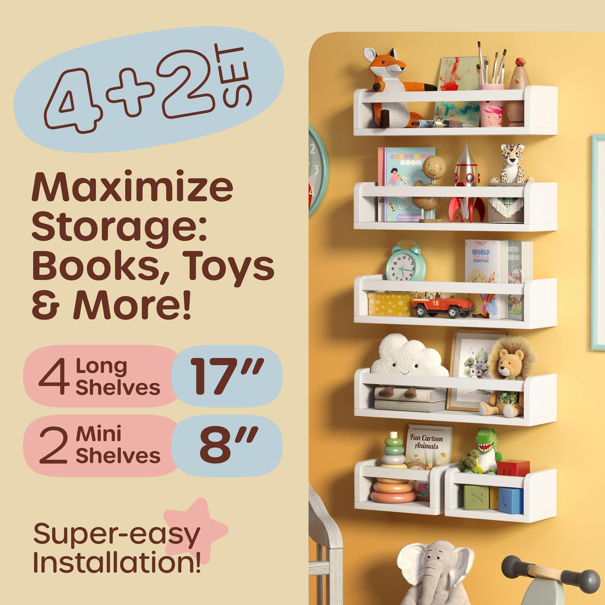 6-in-1 Floating Wall Bookshelf for Nursery - Solid Pine Wood Kids Bookshelves (4 Long + 2 Mini) - Perfect for Baby Room, Toy Storage & Book Display - White Nursery Shelf for Bedroom, Playroom & Daycare Organization