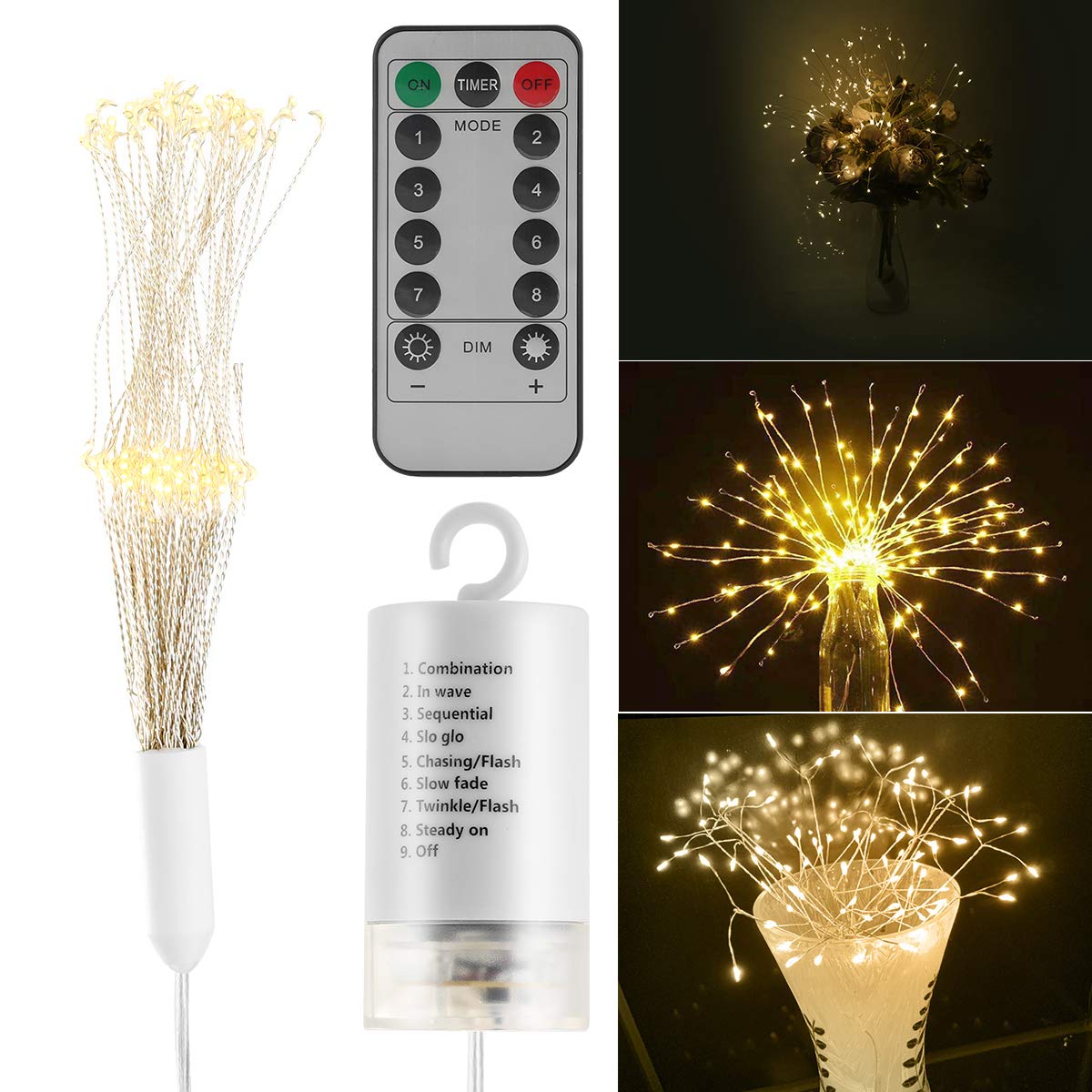 Waterproof LED String Lights - Battery Operated Firework Starburst Dandelion Fairy Lights with Remote Control, Warm White 120 LED for Wedding, Party, Home, Garden & Outdoor Decor - Perfect for Bedroom, Patio, Christmas Tree and Special Events Lighting