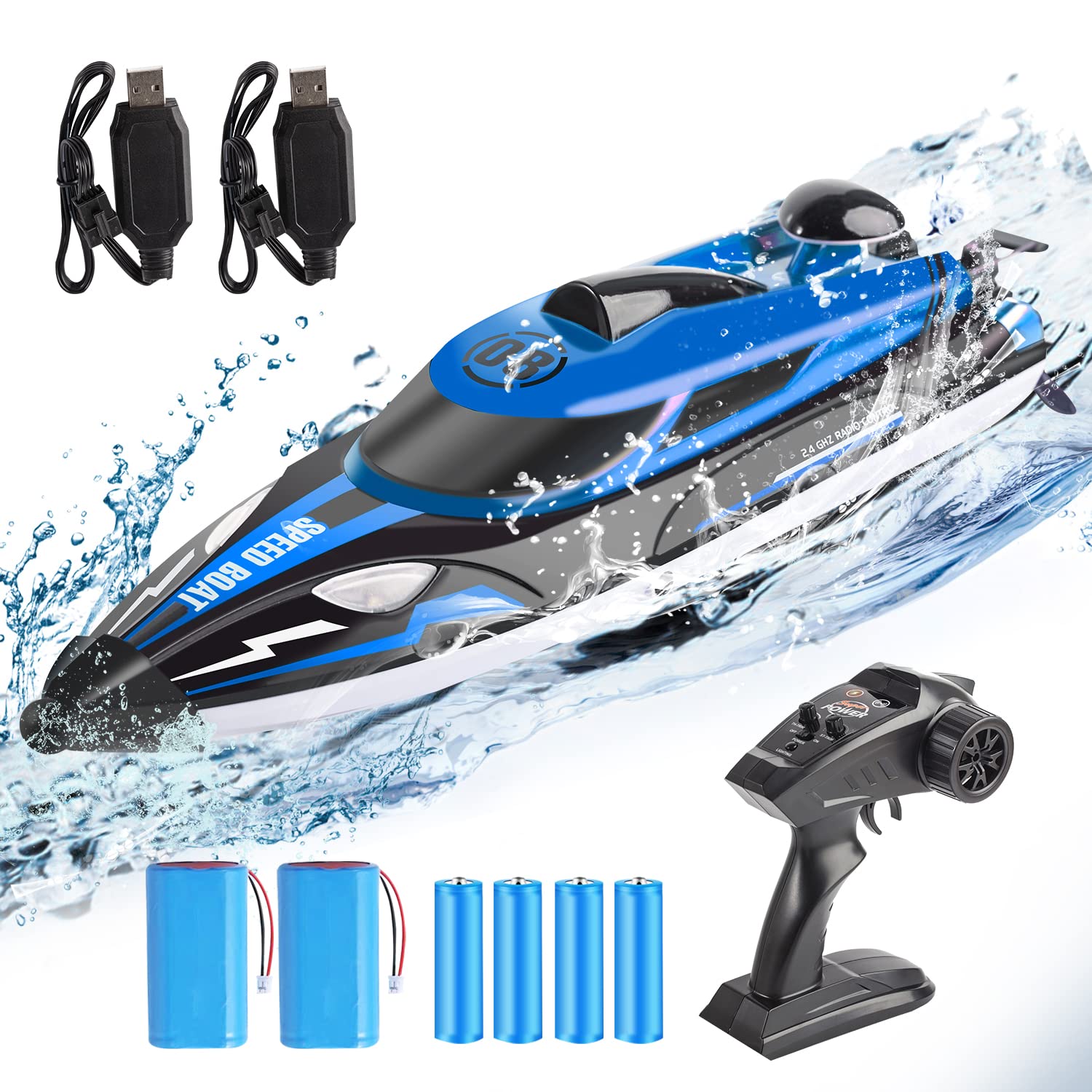 Fast RC Boat 25KM/H - 2.4GHz Remote Control Racing Boat with LED Lights for Pools & Lakes - Rechargeable Battery & 4AA Batteries Included - Perfect Gift for Adults, Kids, Boys & Girls - Great for Outdoor Water Play, Racing Competitions & Family Fun
