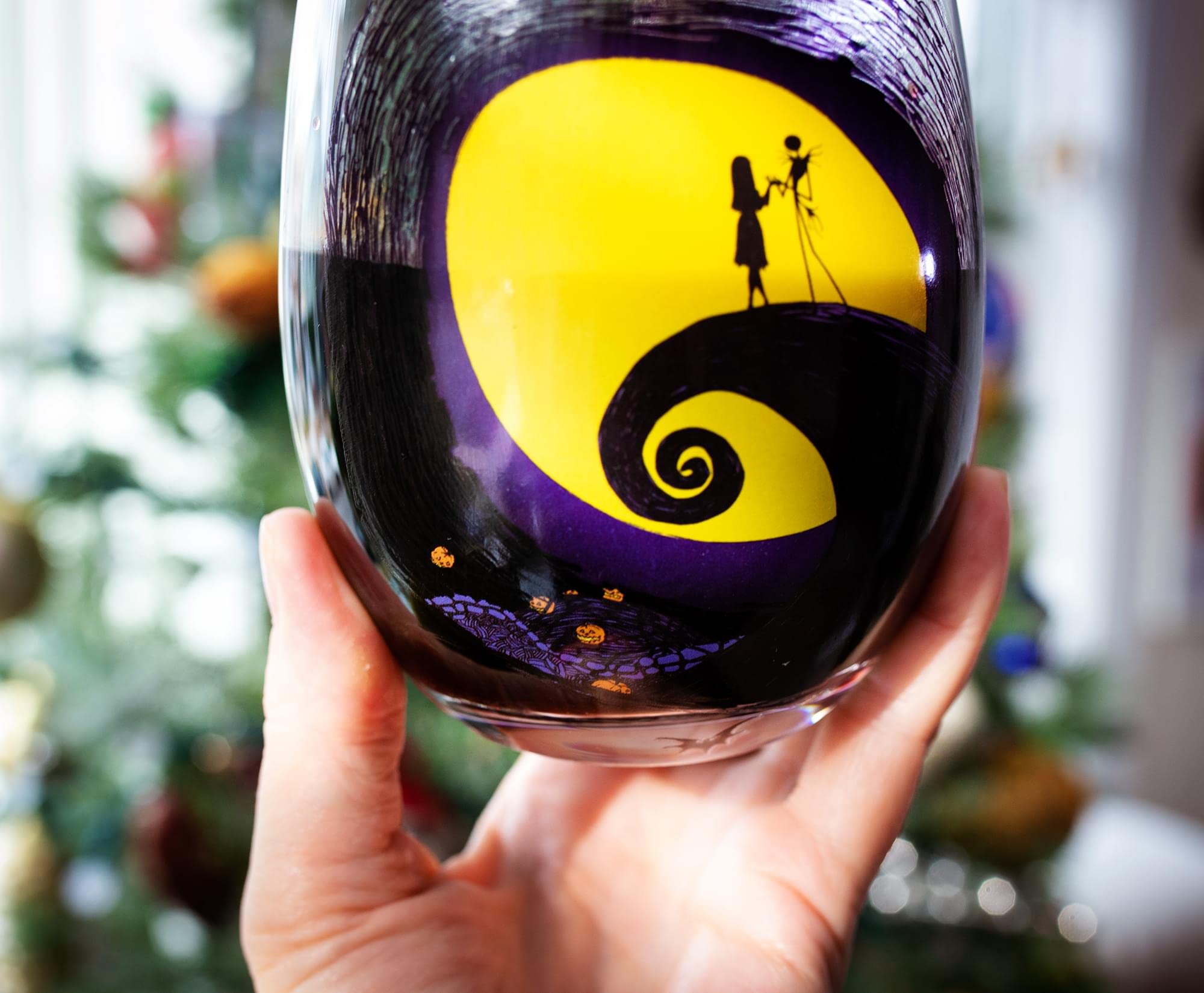 Disney The Nightmare Before Christmas Jack & Sally Spiral Hill Stemless Wine Glass - 20oz Halloween Tumbler for Mimosas, Cocktails & Home Bar Decor - Perfect for Disney Fans, Halloween Parties & Themed Home Accessories
