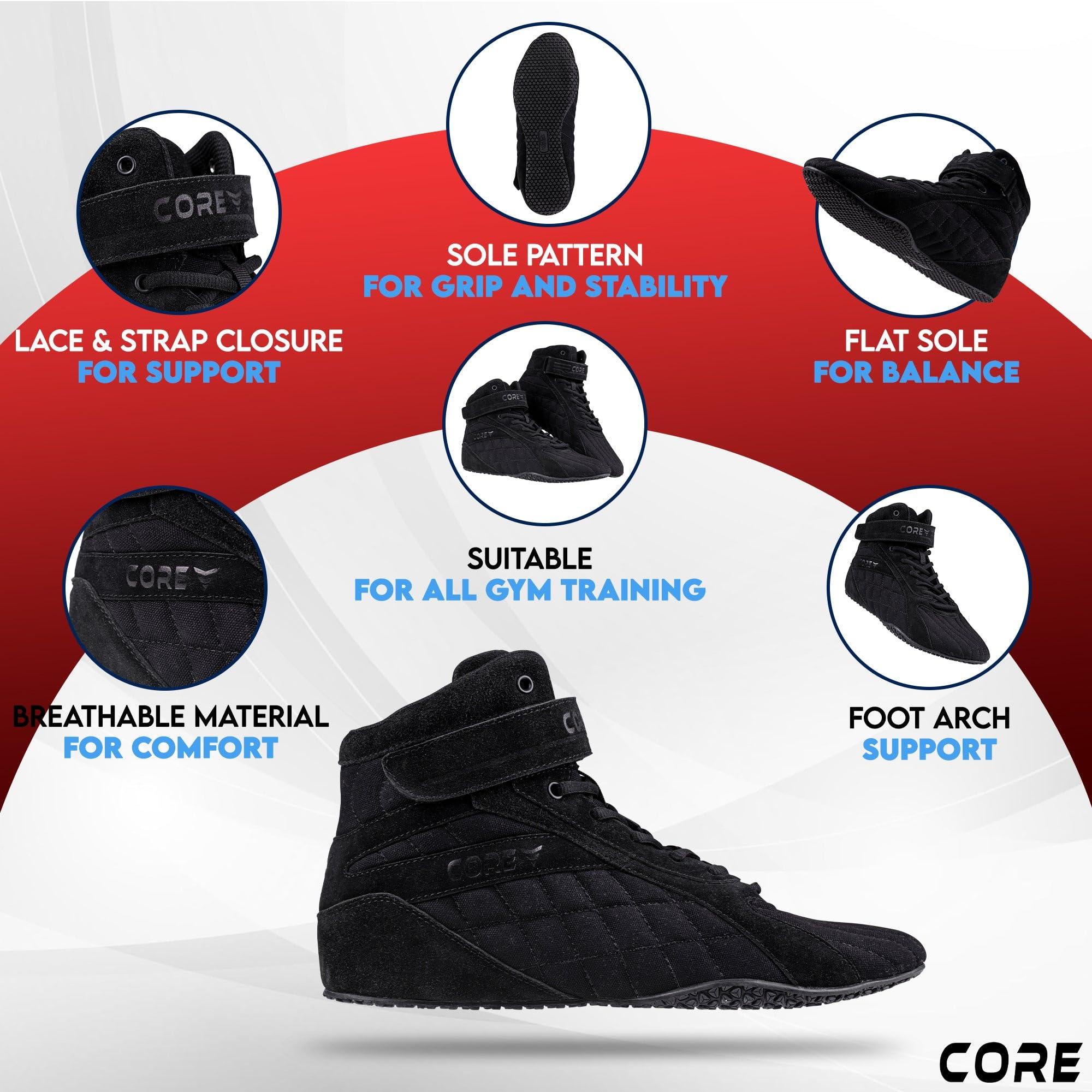 CORE Weightlifting Shoes for Men & Women - Powerlifting, Deadlifting & Gym Training - Non-Slip Flat Sole with Arch Support - Perfect for Squats, CrossFit & Strength Training