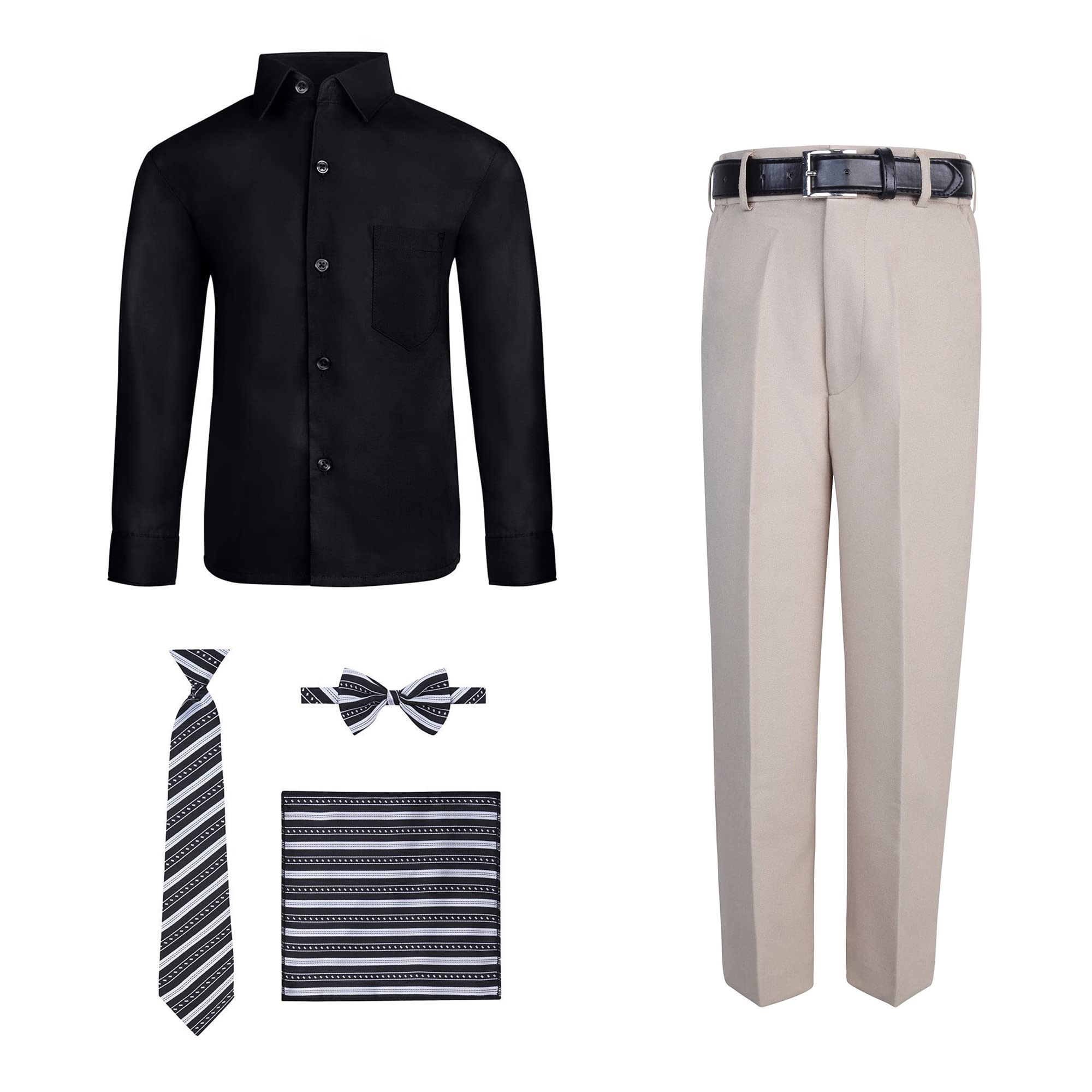 S.H. Churchill & Co. Boys' 6-Piece Formal Outfit Set - Black Dress Shirt & Khaki Comfort Waist Dress Pants with Tie, Bow Tie, Hanky & Belt - Size 7 - Perfect for Weddings, Church, School Events & Special Occasions