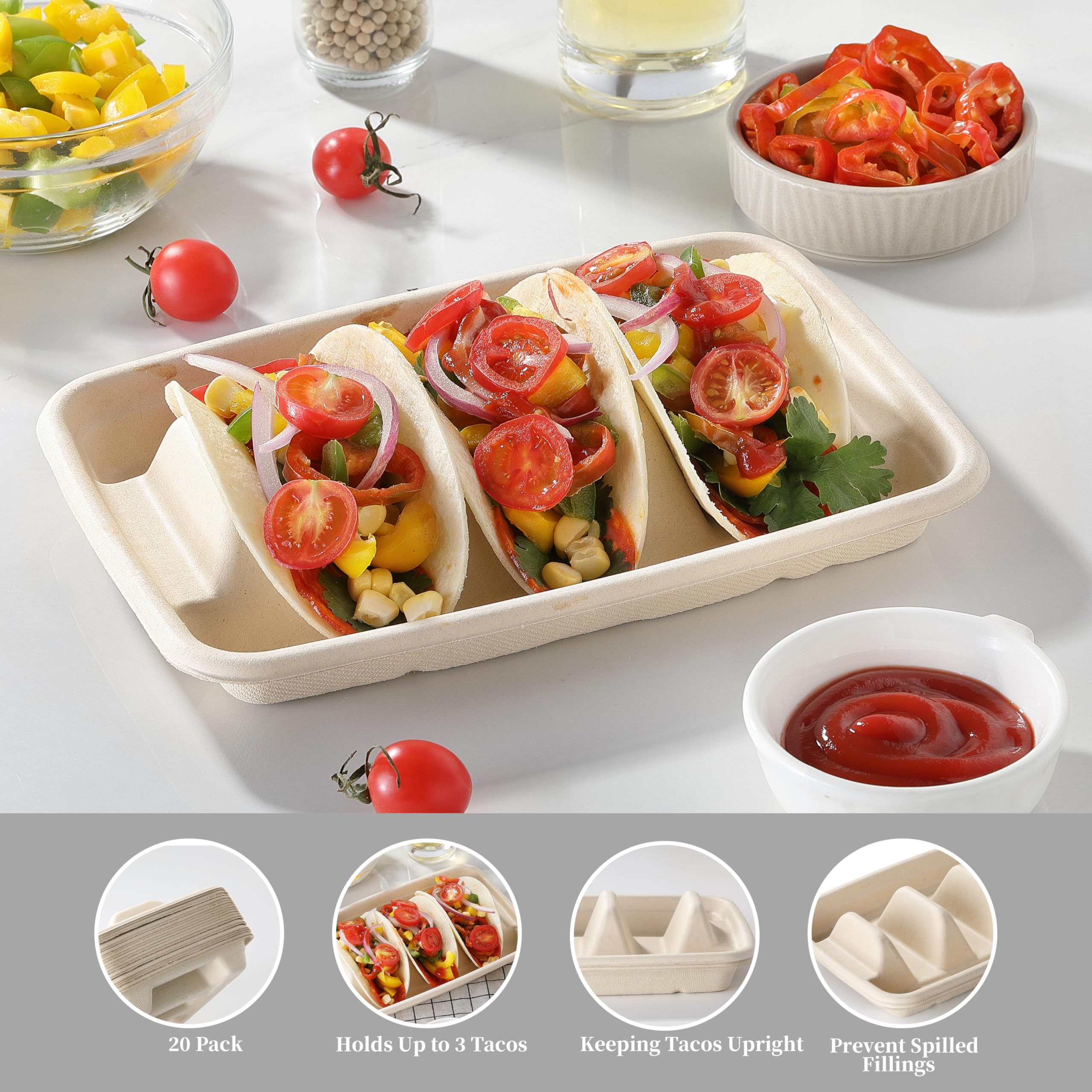 20-Pack Disposable Taco Holders with Dividers - COKUMA Taco Serving Stand for 3 Tacos | Perfect for Taco Tuesday Parties, Mexican Fiesta & Family Gatherings