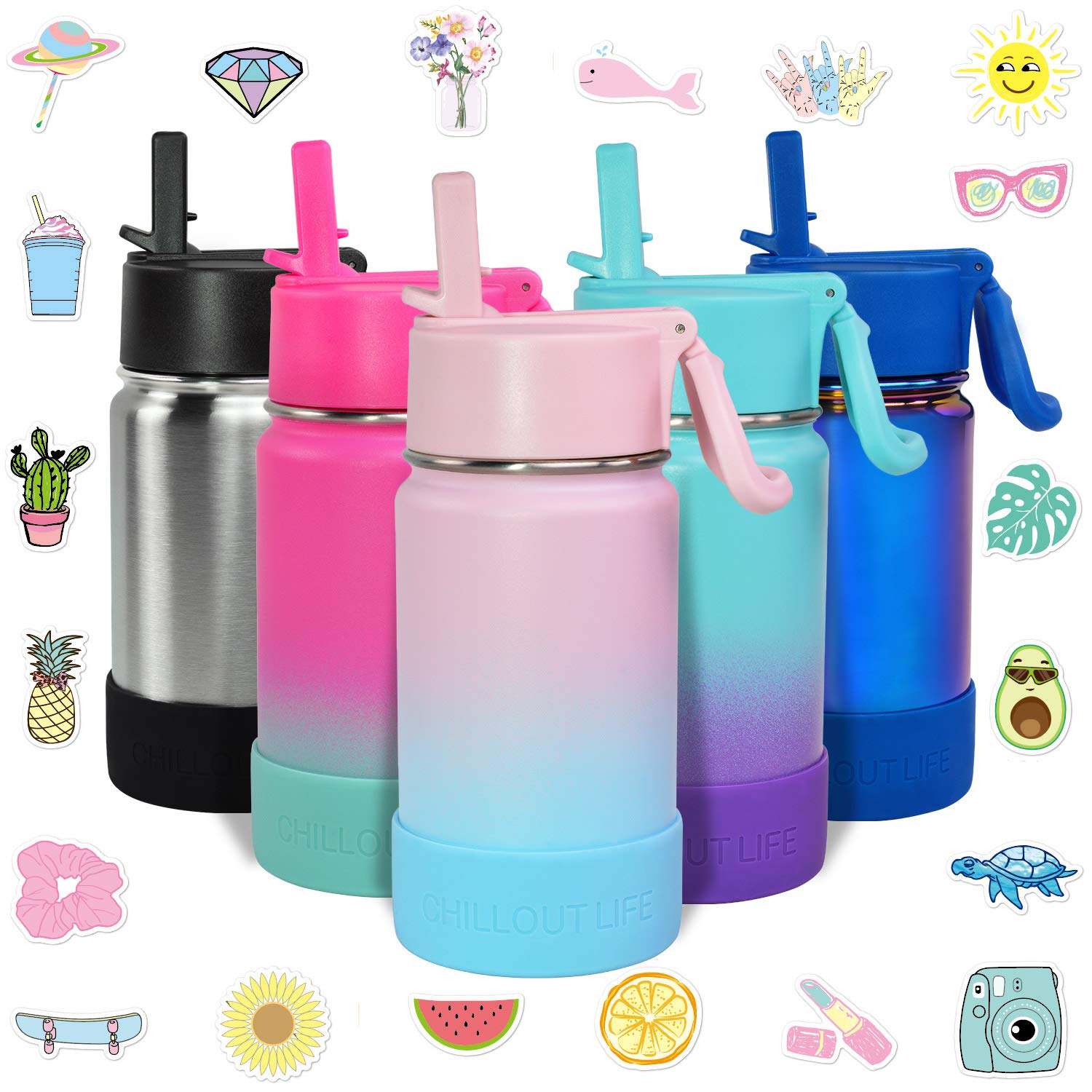 CHILLOUT LIFE 12 oz Insulated Stainless Steel Water Bottle with Straw Lid for Kids - Leakproof & BPA-Free - Includes 20 Cute Waterproof Stickers for Personalization - Ideal for School, Sports & Outdoor Activities