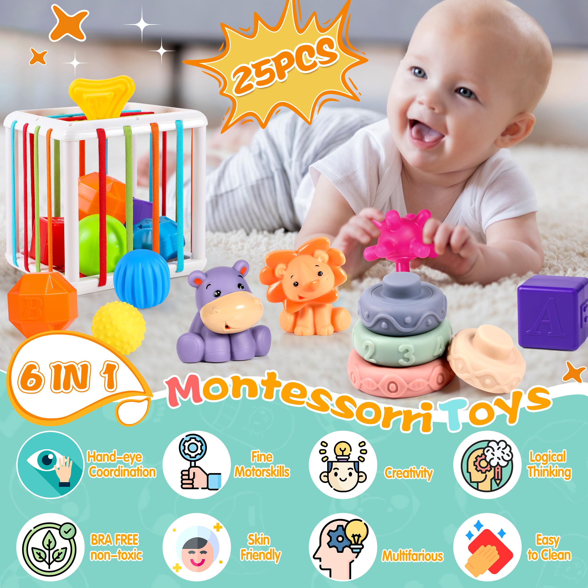 Montessori Toys for Babies 6-12 Months | 6-in-1 Educational Baby Toys Set with Sensory Bin, Pull String & Stacking Blocks | Developmental Learning Toys for 6-18 Month Olds | Perfect Gift for 1-2 Year Old Toddlers | Great for Sensory Play, Motor Skills & Early Learning at Home