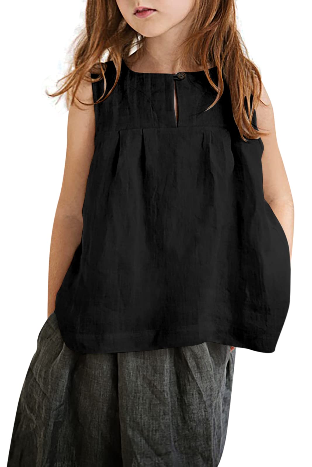 Girls Cotton Linen Blend Tank Top - Sleeveless Crewneck Button Front Cami Tee Blouse for Kids Ages 5-14 | Casual Summer Outfit, Playdate, School Wear