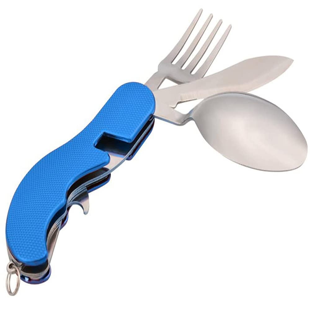4-in-1 Camping Flatware Set - Stainless Steel Spoon, Fork, Knife & Bottle Opener Combo - Compact Folding Utensils for Hiking, Picnics & Outdoor Adventures (Blue)