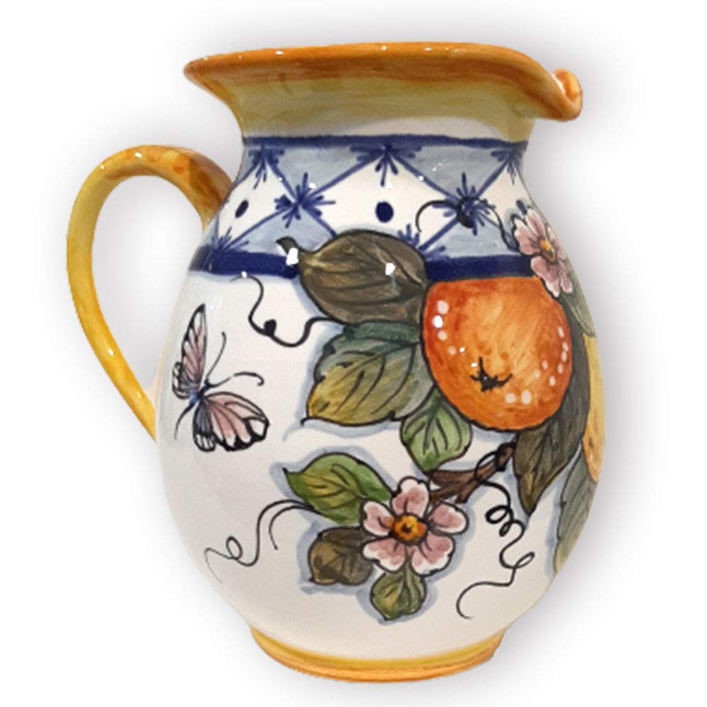 Hand-Painted Italian Ceramic Pitcher Lemon Design - 33 oz Tuscan Kitchen Carafe, Utensil Holder & Wine Dispenser - Authentic Italian Pottery Vase for Home Decor | Perfect for Farmhouse Kitchens, Italian Restaurants & Gift Giving