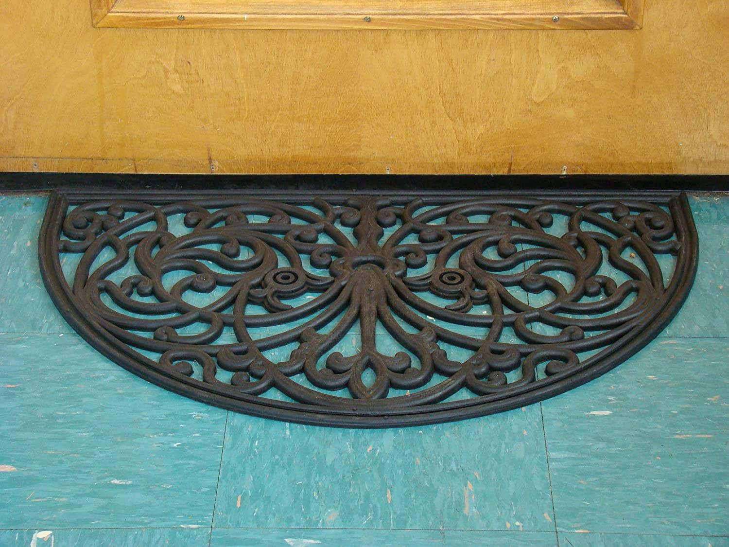 Half Moon Rubber Doormat with Wrought Iron Scroll Design - Indoor/Outdoor Entrance Mat for Low Clearance Areas - Functional, Easy to Clean - Perfect for Front Door, Porch, Garage & Mudroom Use