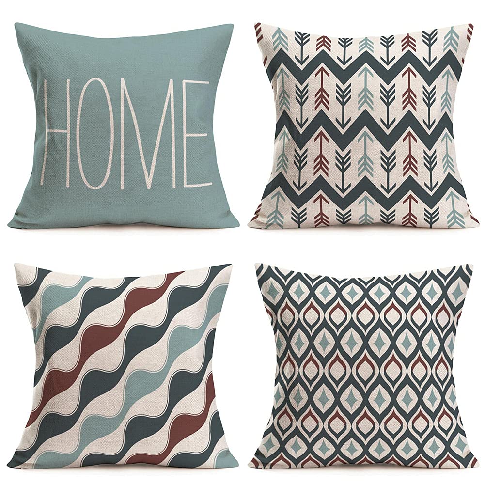 Xihomeli 22x22 Inch Throw Pillow Covers Set of 4 - Blue Geometric Wave Arrow Design Cotton Linen Cushion Cases for Sofa, Bed, Living Room Decor - Home Quote Words Decorative Pillow Covers (4pc Blue, 22