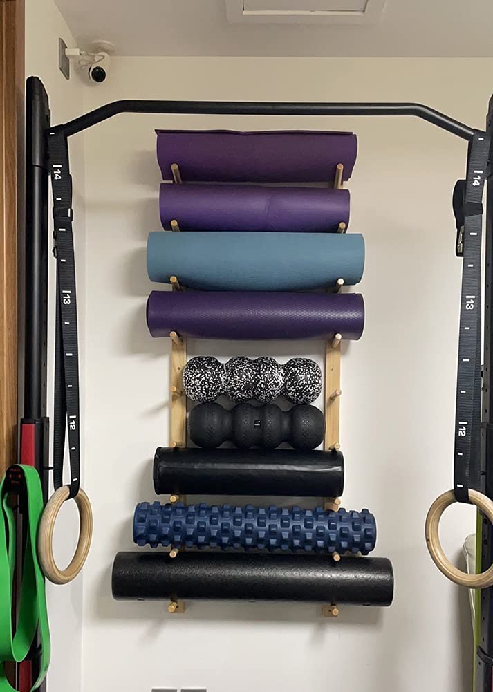 Wall Mount Wood Yoga Mat Holder - Large Home Gym Storage Rack for Foam Rollers & Exercise Mats - Holds 9 Mats (Natural Color) - Perfect for Yoga Studios, Home Gyms & Fitness Rooms Organization