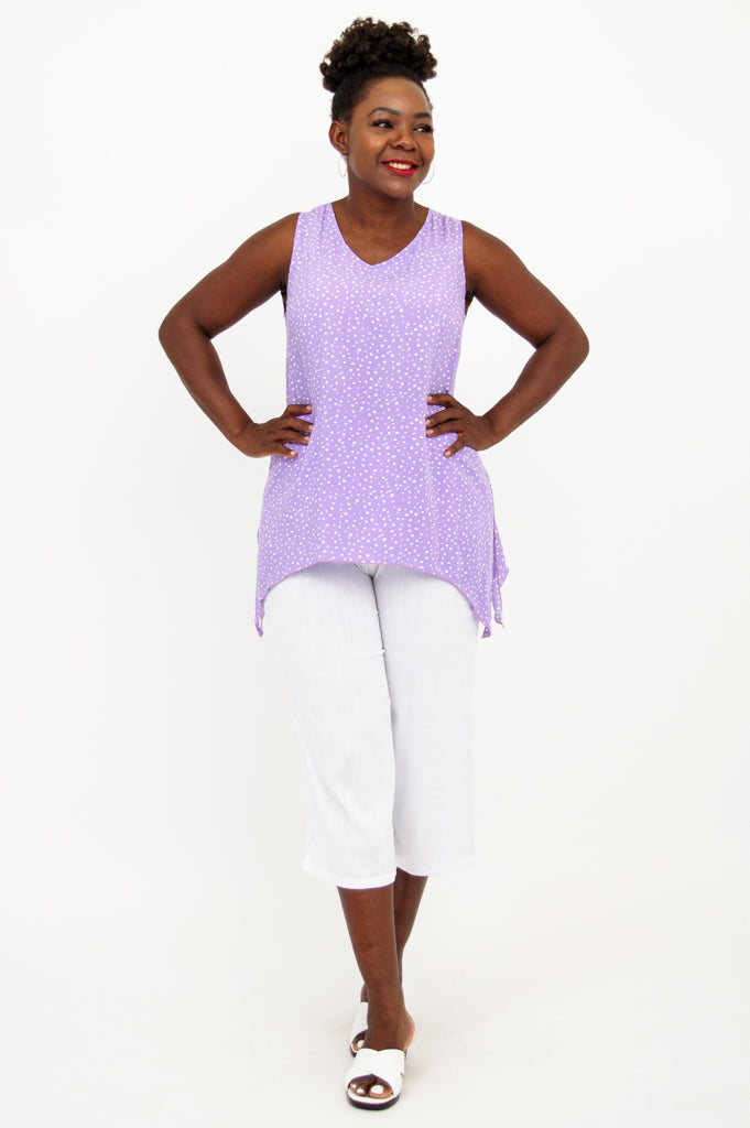 Dotty Tank Top - Purple Polka Dot Women's Casual Shirt for Summer Outfits & Beach Wear