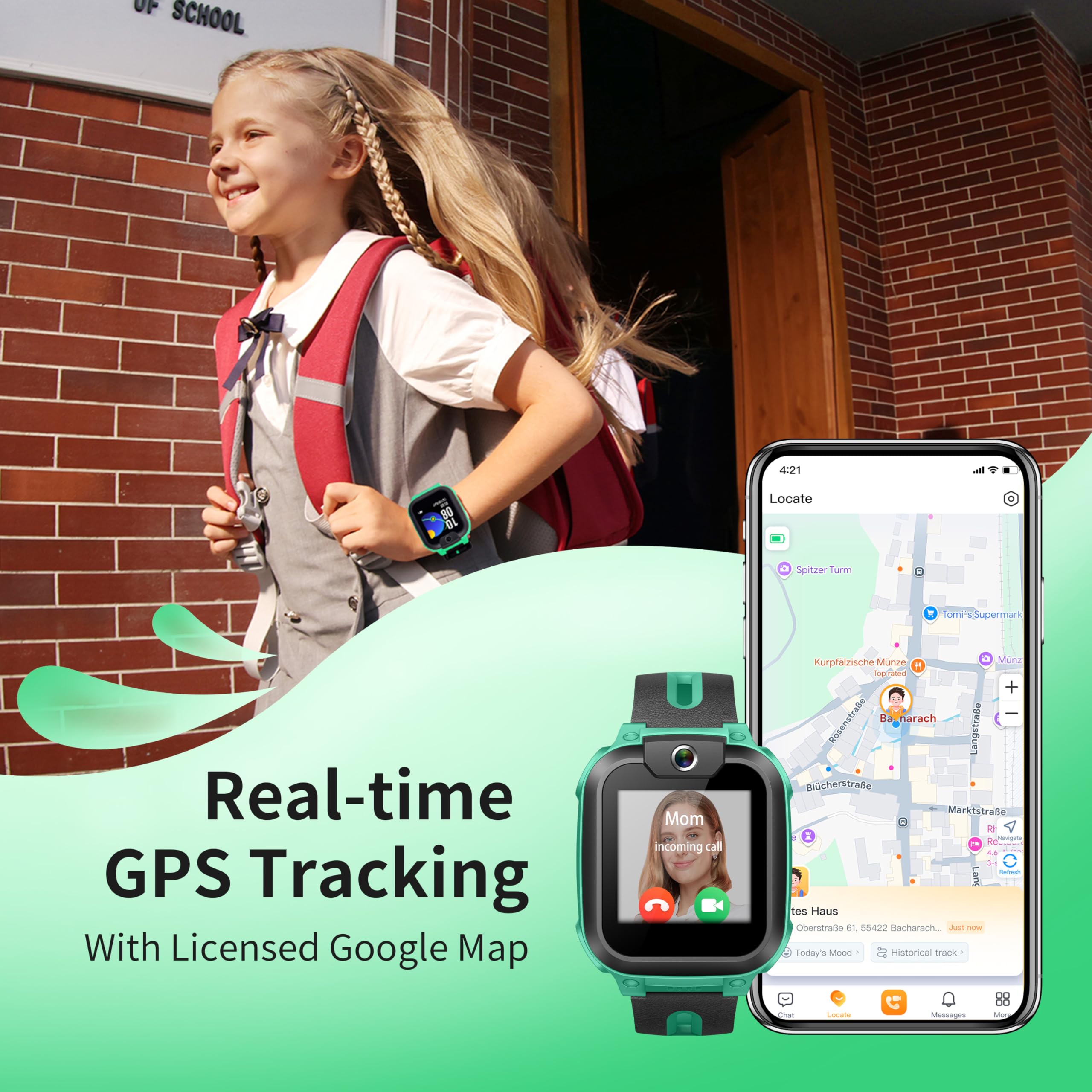 imoo Watch Phone Z1 Kids Smart Watch - 4G LTE GPS Tracker with Video Call, Real-Time Location Tracking & IPX8 Waterproof - Durable Smartwatch for Boys & Girls (Green) - Perfect for School, Outdoor Play & Safety Monitoring