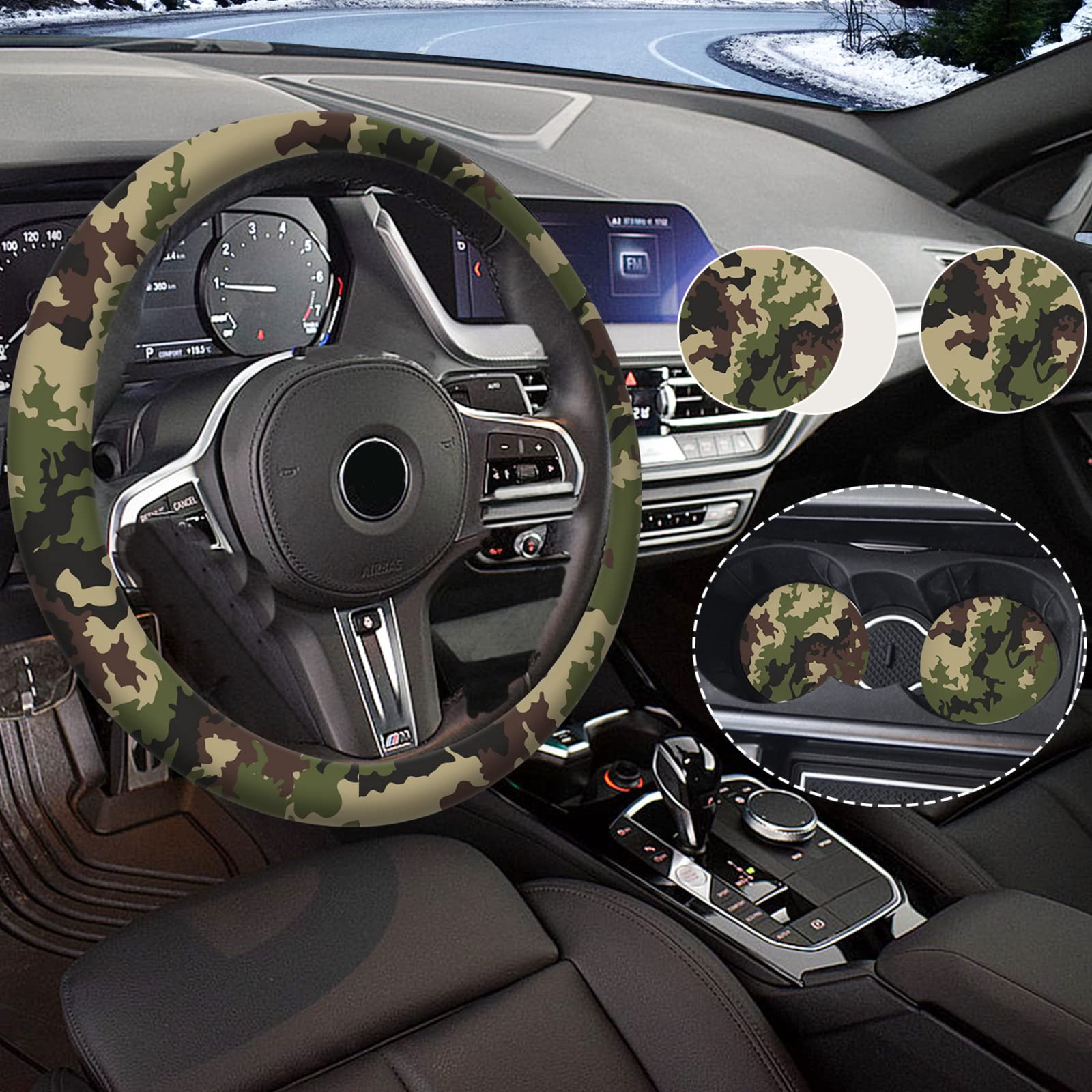 Universal 14.5-15 Inch Green Camouflage Steering Wheel Cover with 2 Non-Slip Car Coasters - Rainbow Design for Women & Men | Perfect for Off-Roading, Camping & Everyday Driving