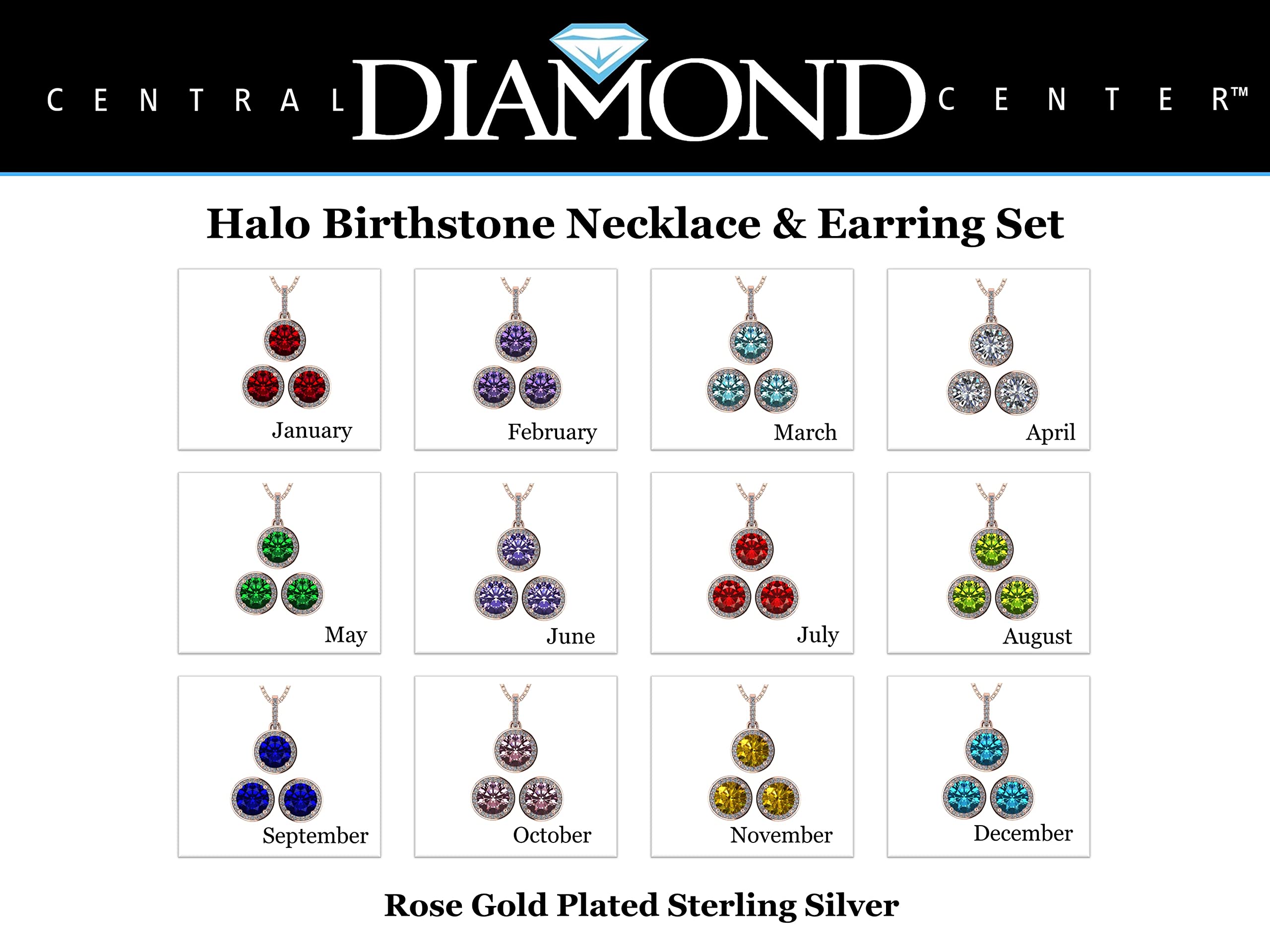 Central Diamond Center Round Halo Earring & Necklace Set with 6.5mm Simulated Birthstones in 925 Sterling Silver, Hypoallergenic Jewelry for Women - Perfect for Birthday Gifts, Anniversary, Wedding, and Special Occasions