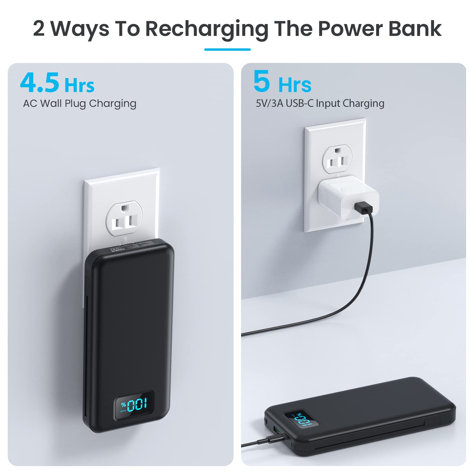 13800mAh Portable Charger with Built-in USB-C/Lightning Cables & AC Wall Plug - Fast Charging Power Bank with LCD Display for iPhone 16/15/14/13, Samsung Galaxy, Android Phones - Perfect for Travel, Camping & Emergency Power Backup