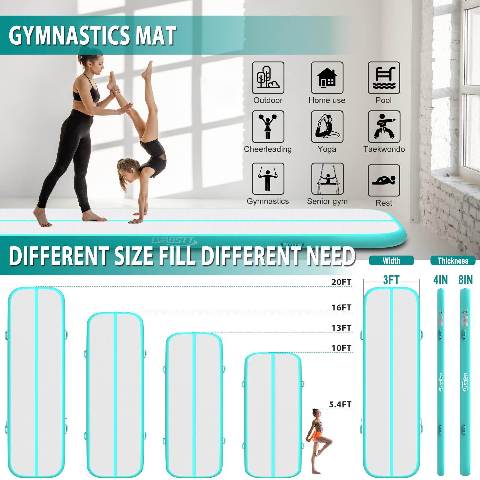 13ft/16ft/20ft Inflatable Gymnastics Air Mat - 4/8 Inch Thick Tumbling Track with Electric Pump for Home Training, Cheerleading & Water Use | Perfect for Indoor Practice, Yoga Meditation & Backyard Activities