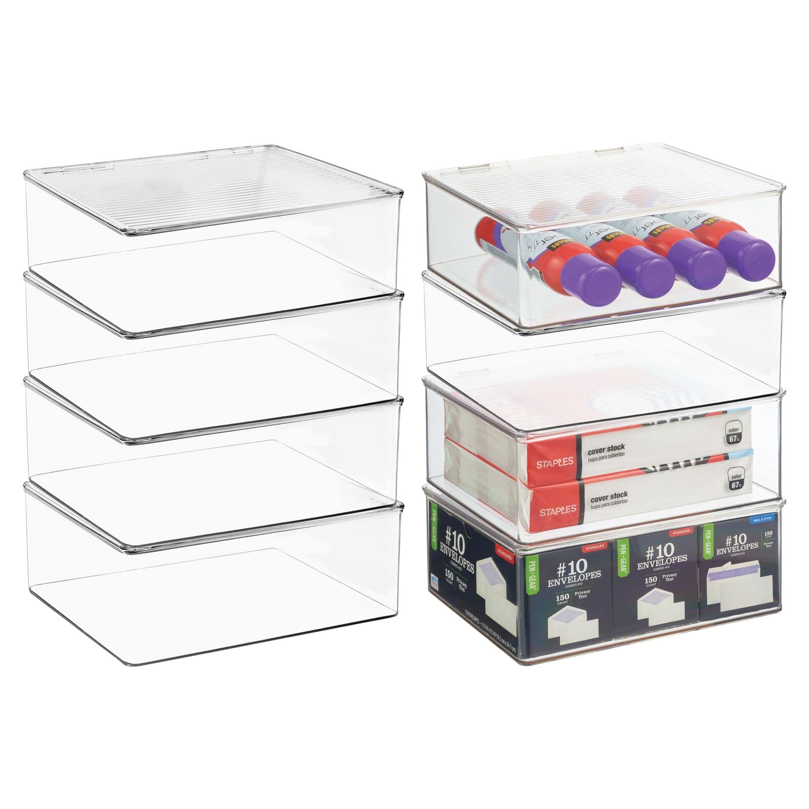 mDesign Small Plastic Storage Organizer Box with Hinged Lid - 8 Pack Clear Desktop Organizer for Pens, Pencils, Sticky Notes, Office Supplies - Perfect for Home, Office, School & Craft Room Organization
