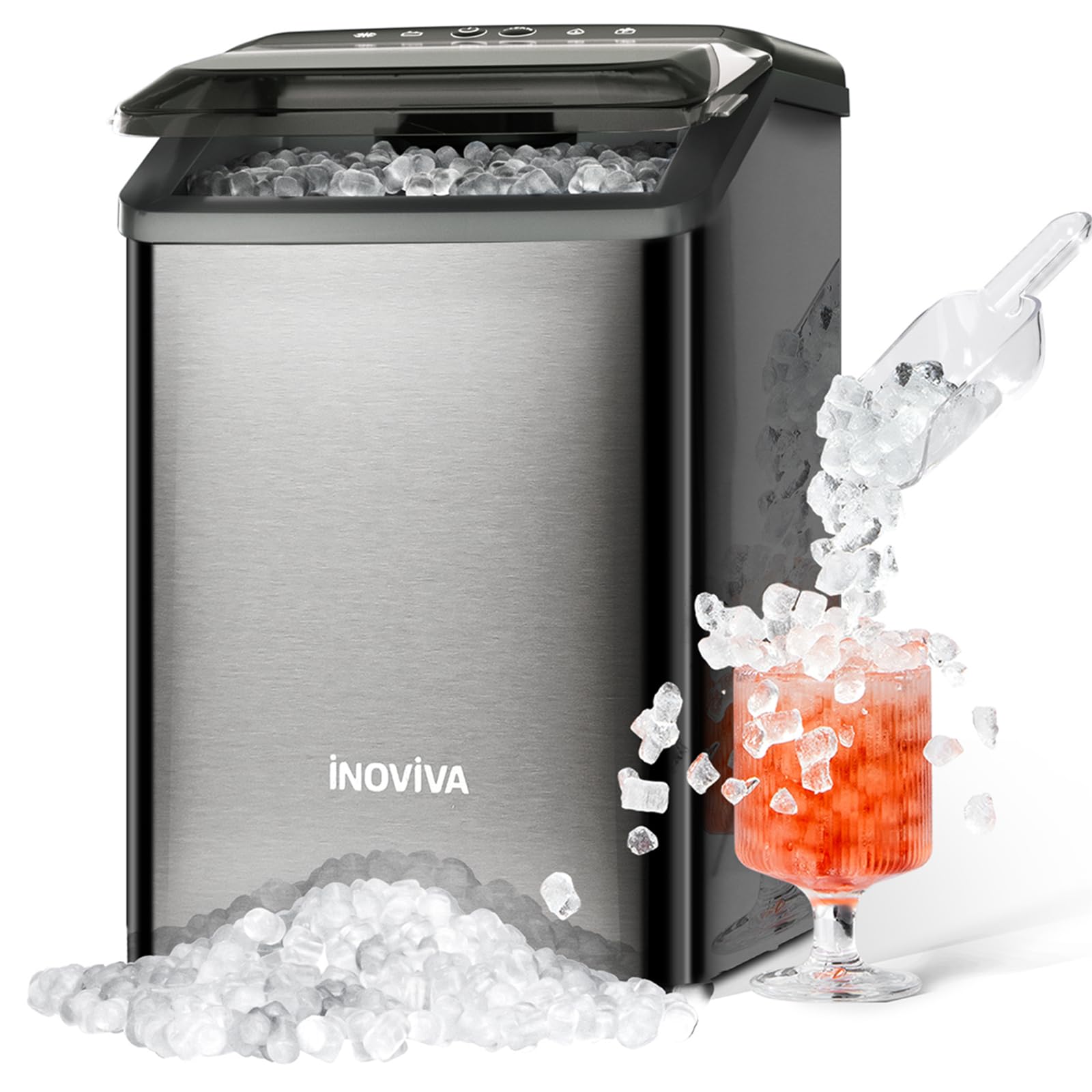 Portable Nugget Ice Maker Countertop - 40lbs/24H Soft Chewable Pellet Ice Machine with Self-Cleaning Function, Sonic Ice Maker for Home Kitchen, Office, Bar, RV - Black Stainless Steel | Perfect for Cocktails, Sodas & Entertaining