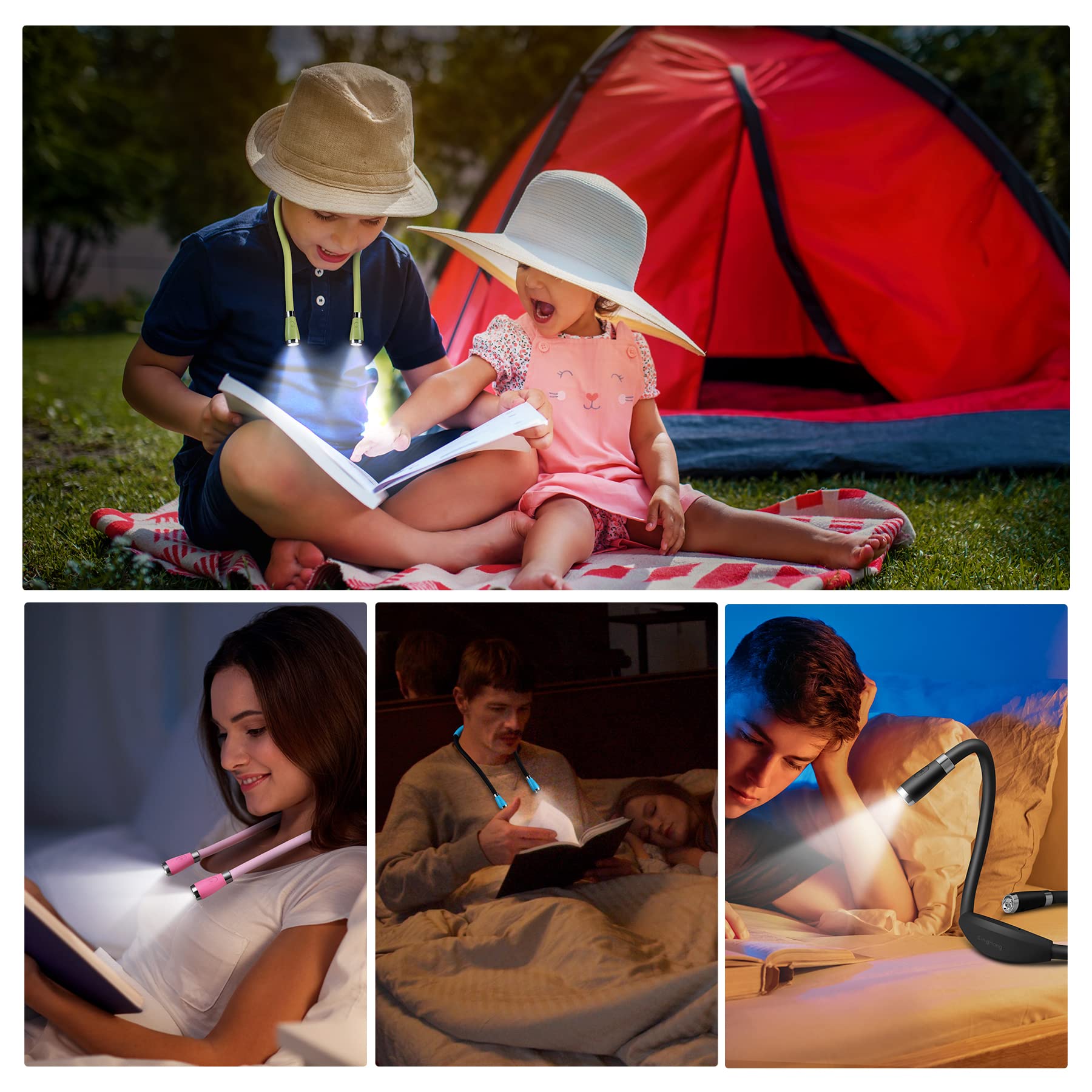 USB-C Rechargeable Neck Book Light - 4 LED Bulbs with 4 Adjustable Brightness Levels, Hands Free Reading Lamp for Bed, Car, Travel & Night Reading (Green) - Perfect Gift for Book Lovers & Students