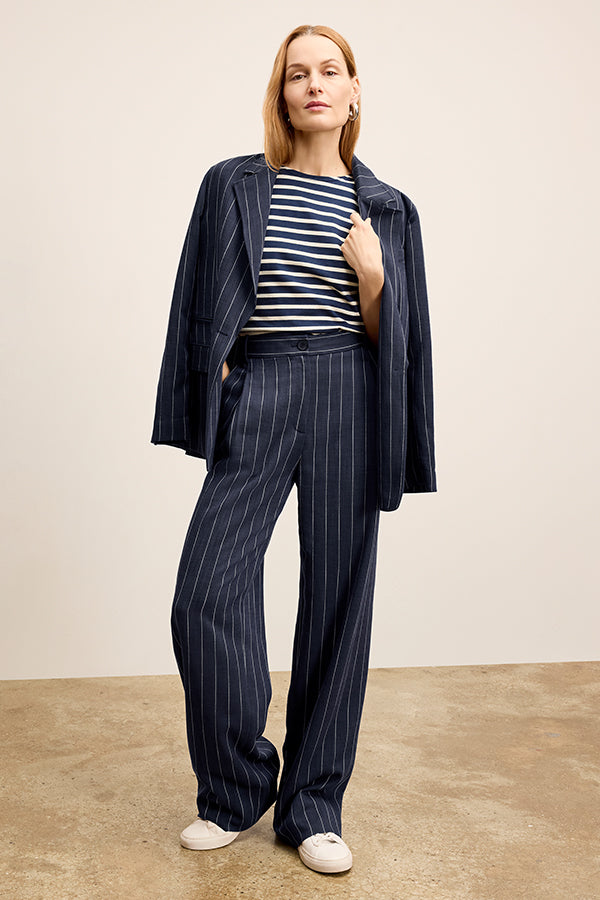 Fitz Pleated Summer Pinstripe Trousers for Men - Navy/Ivory Stripe - Office Wear & Casual Summer Outfits