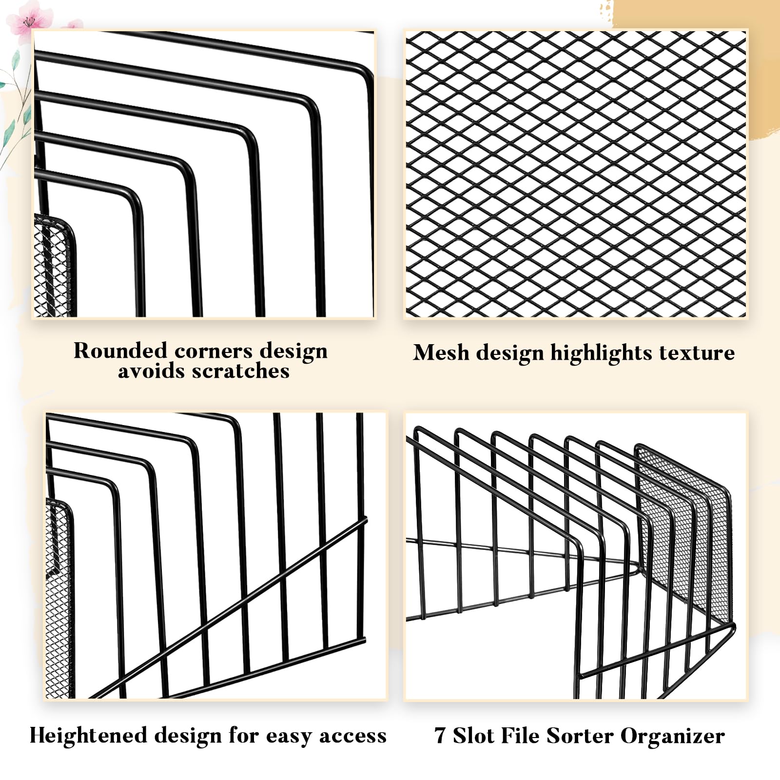 2-Pack Black Metal Wire Mesh File Sorter - 7 Slot Incline Desktop Organizer for Letters, Magazines, Books & Mail - Perfect for Home Office, School & Workspace Storage Solutions