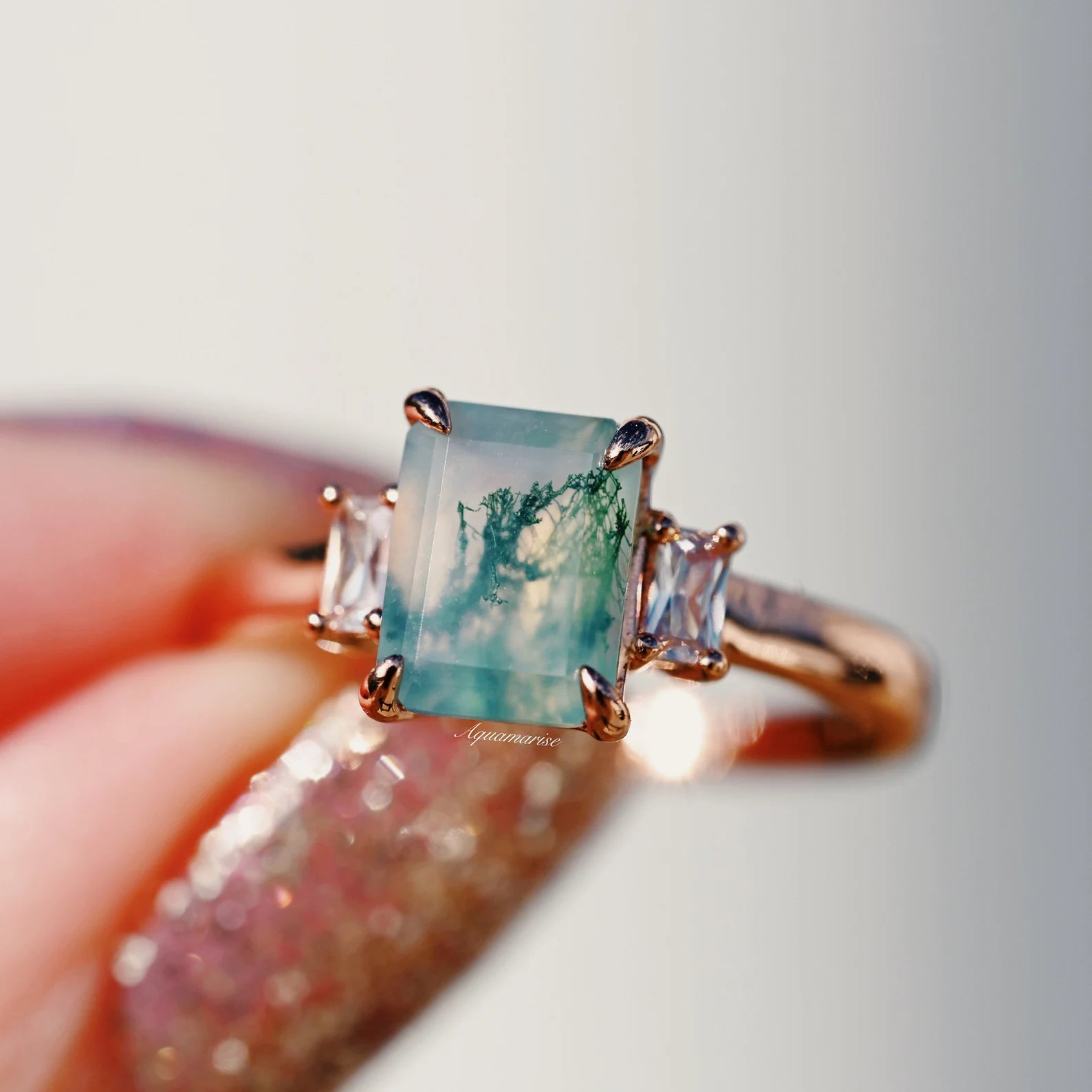 Natural Green Moss Agate Ring 14K Rose Gold Vermeil - Elegant Healing Crystal Jewelry for Women, Perfect for Meditation, Spiritual Gifts & Everyday Wear