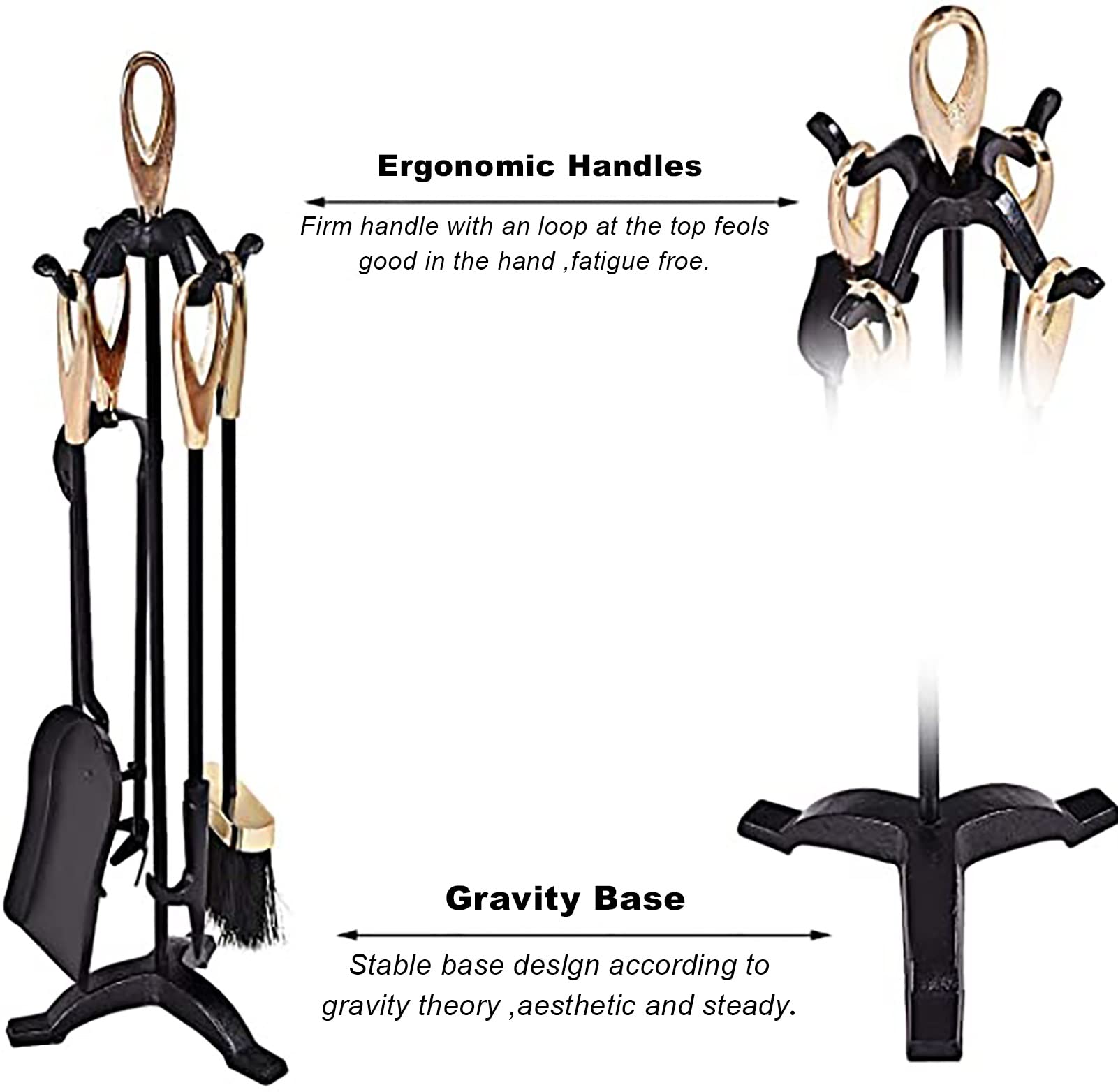 MTSON Modern 5-Piece Fireplace Tool Set - Heavy Duty Cast Iron Fireplace Accessories for Indoor & Outdoor Use with Space-Saving Tool Holder & Base - Perfect for Fireplace Maintenance, Camping & Patio Decor