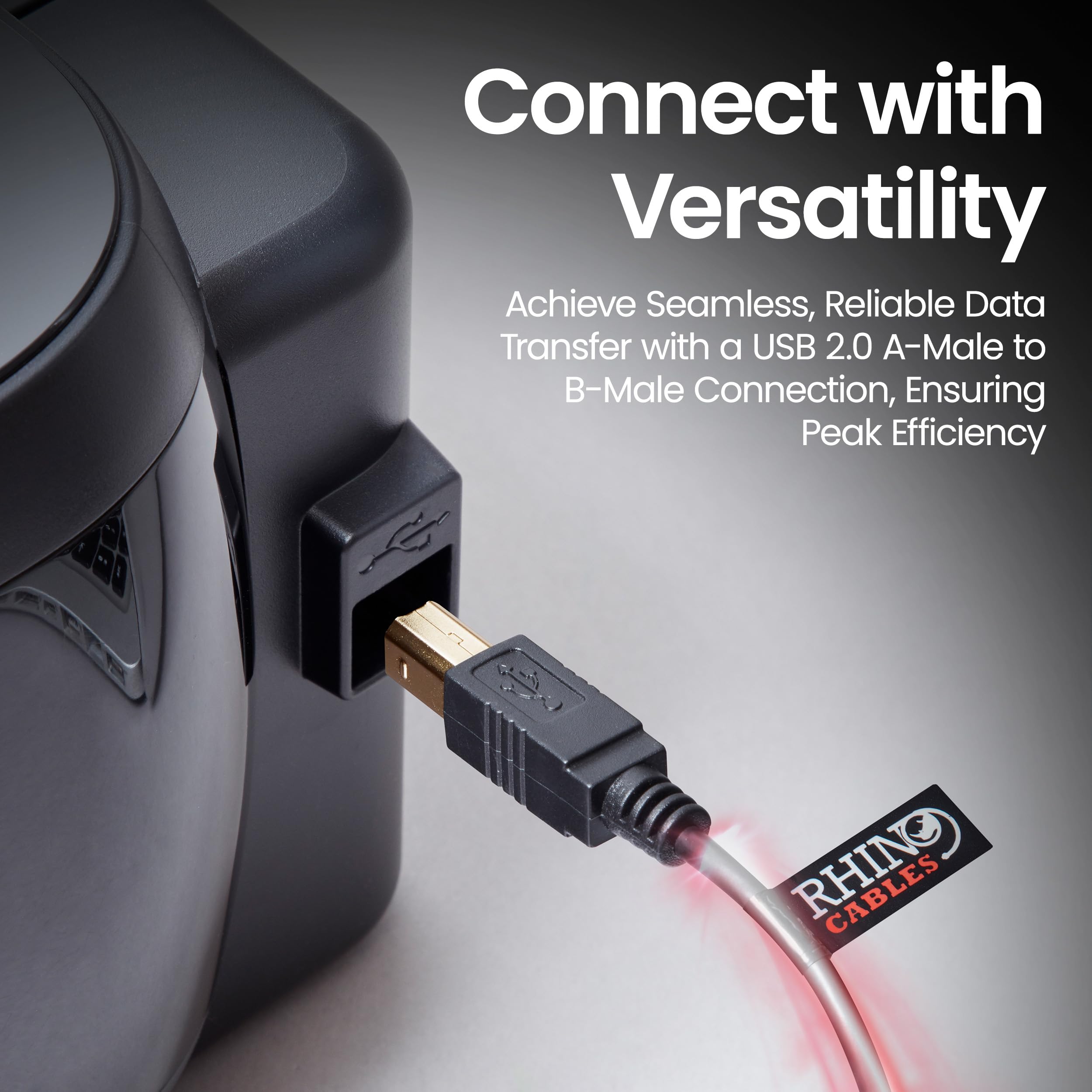 Rhinocables USB 2.0 Printer Cable 6ft - Gold-Plated Connectors, 480Mbps High-Speed Data Transfer, A Male to B Male for HP Epson Canon Brother Printers & External Hard Drives - Durable Multi-Shielded Black Cord for Home Office & Studio Use