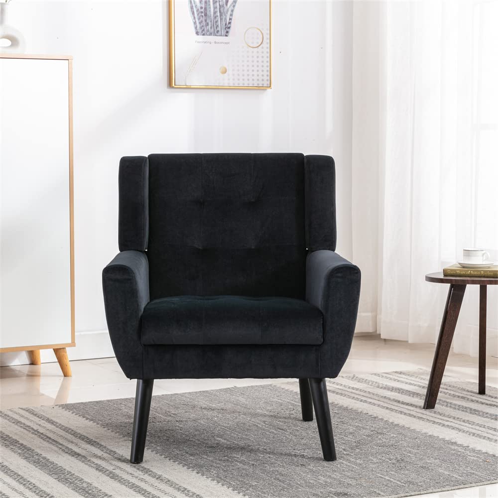 Luxury Velvet Accent Chair - Modern Tufted Wingback Armchair with Solid Wood Legs & Plush Cushion | Comfortable Upholstered Lounge Chair for Living Room, Bedroom or Office | Elegant Black Club Chair for Relaxing & Reading