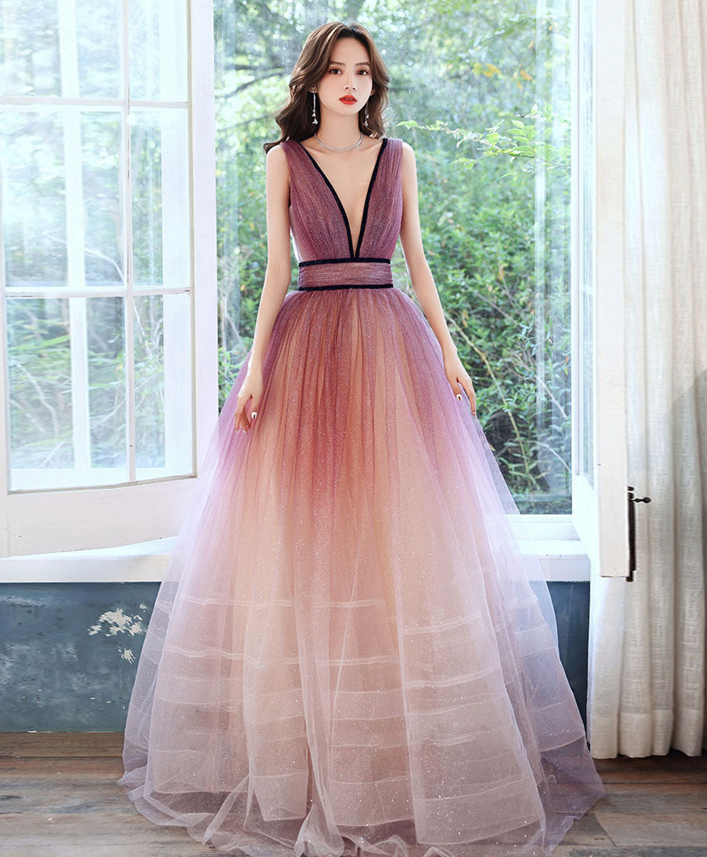 Elegant Burgundy V-Neck Gradient Shiny Long Prom Dress for Women - Perfect for Evening Gowns, Homecoming, Pageants & Formal Events
