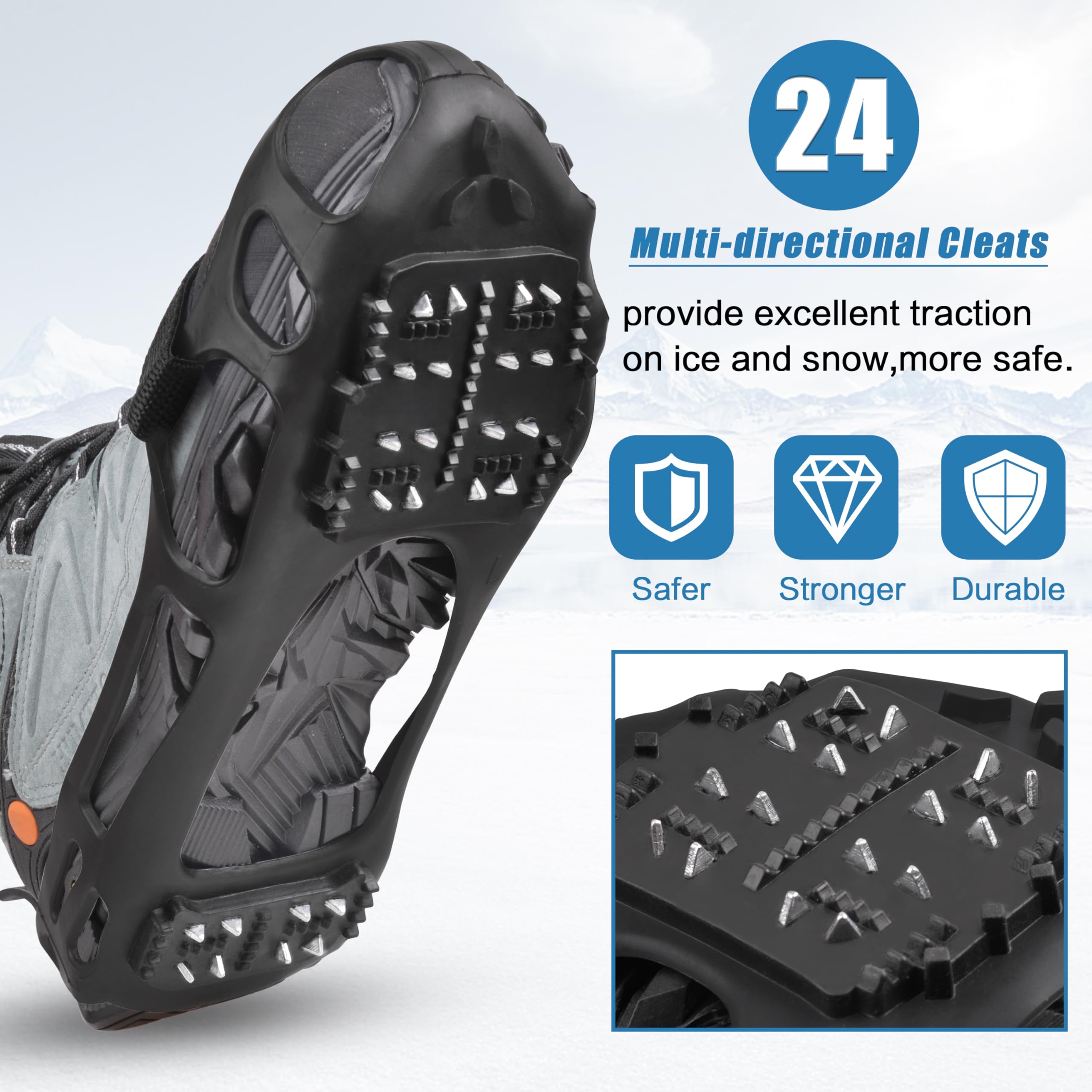Non-Slip Ice Cleats for Snow & Ice - Stretchable Rubber Traction Crampons for Walking, Hiking & Winter Safety | Perfect for Snowy Commutes, Icy Sidewalks & Outdoor Adventures