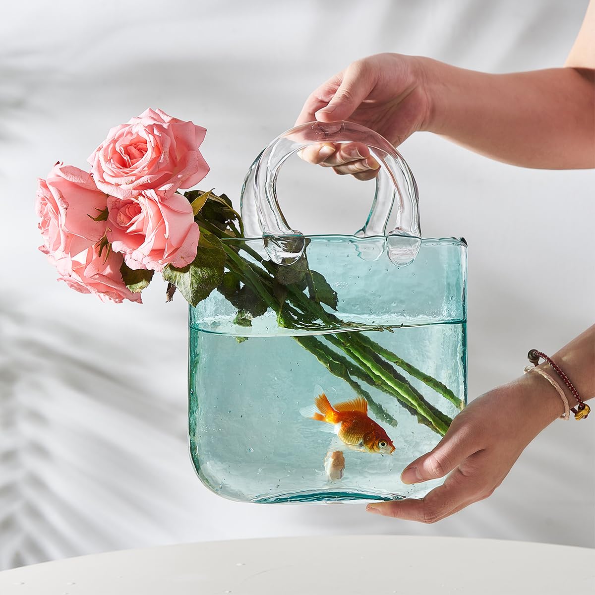 Handbag Shape Glass Vase with Air Bubbles - Light Blue Purse Vase for Flowers, Home Decor, Wedding Centerpiece, Office Desk, Garden & Farmhouse Decorations - Perfect for Indoor Floral Arrangements and Special Events